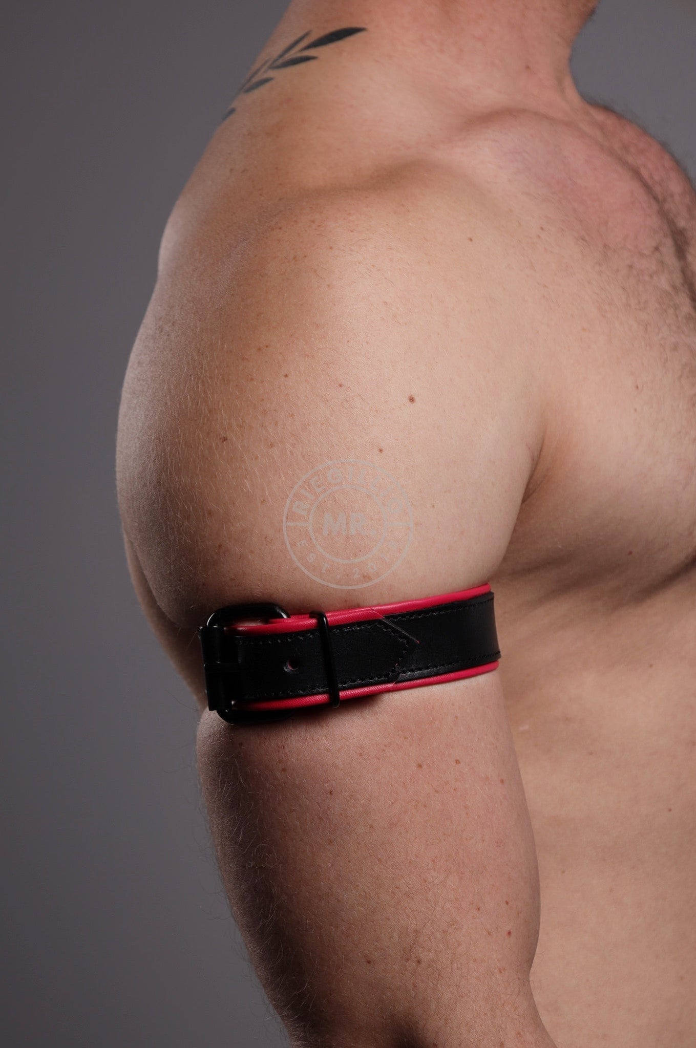 Black Leather Bicep Armband - Buckle - Pink at MR. Riegillio