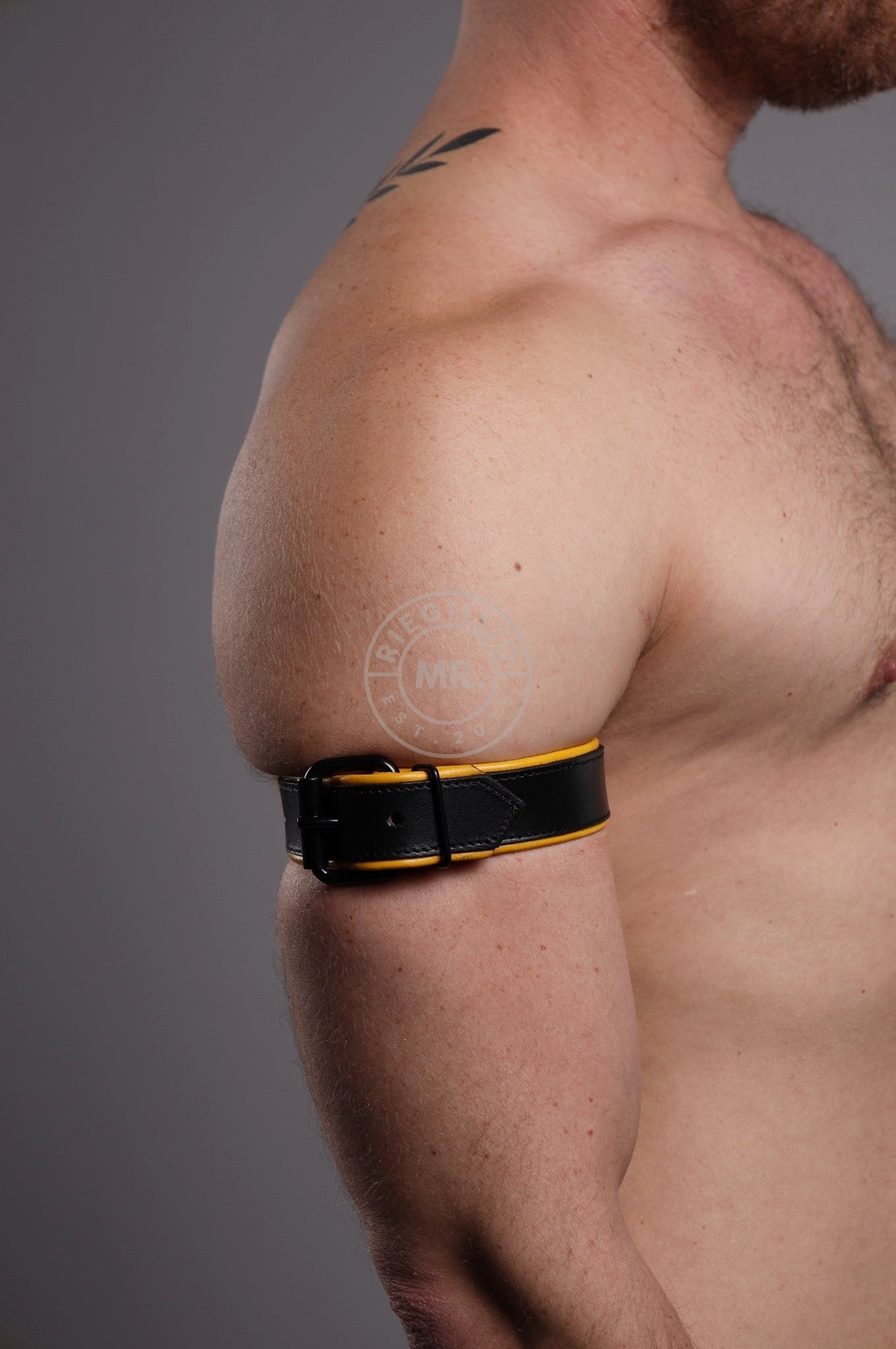 Black Leather Bicep Armband - Buckle - Yellow at MR. Riegillio