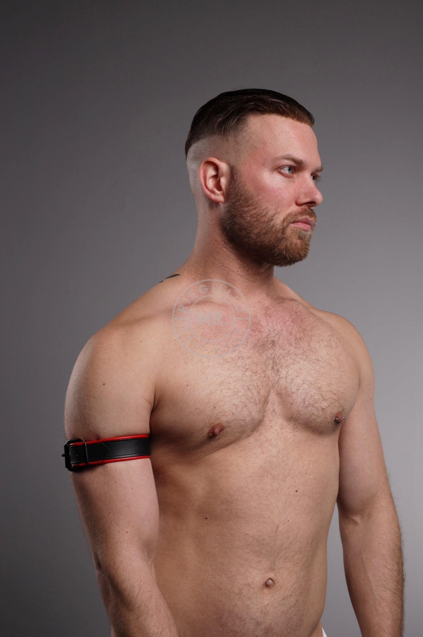 Black Leather Bicep Armband - Buckle - Red at MR. Riegillio