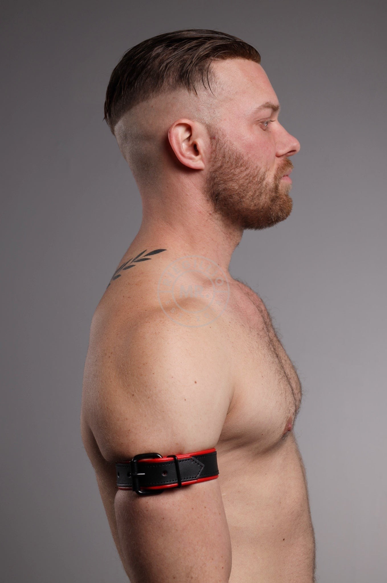 Black Leather Bicep Armband - Buckle - Red at MR. Riegillio