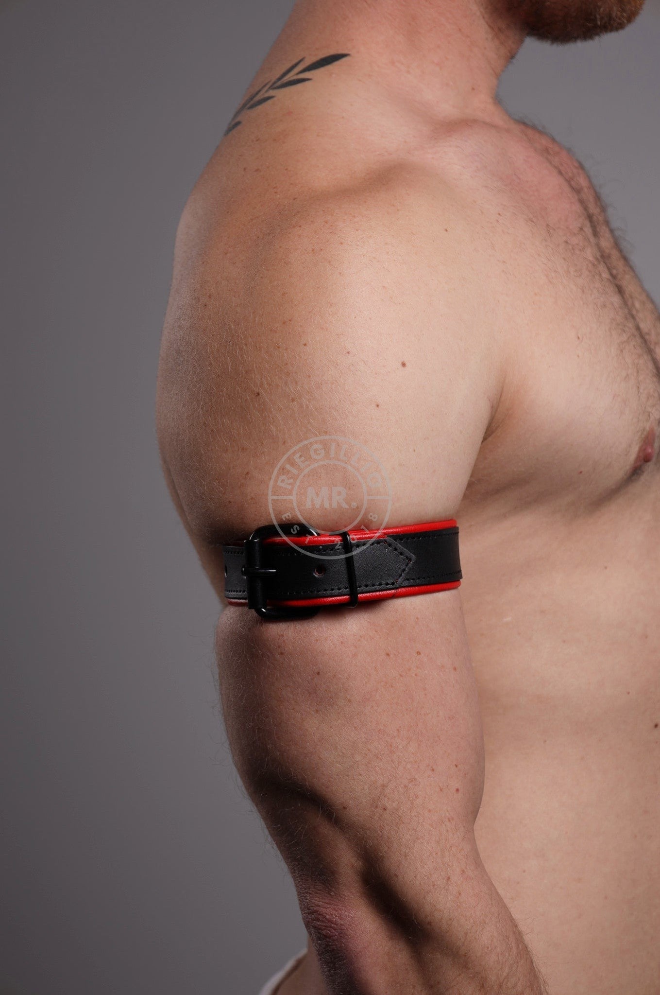 Black Leather Bicep Armband - Buckle - Red at MR. Riegillio