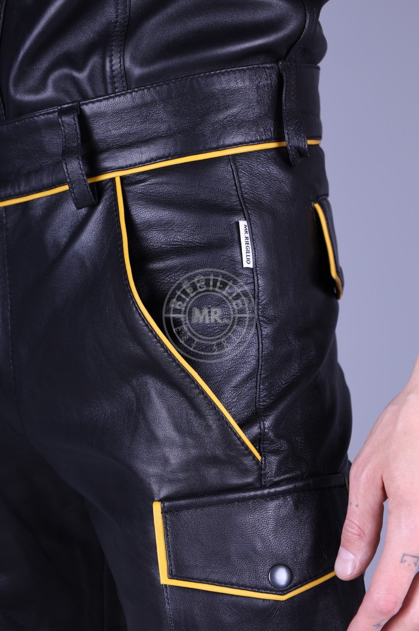 '23 Black Leather Cargo Short - Yellow Piping at MR. Riegillio