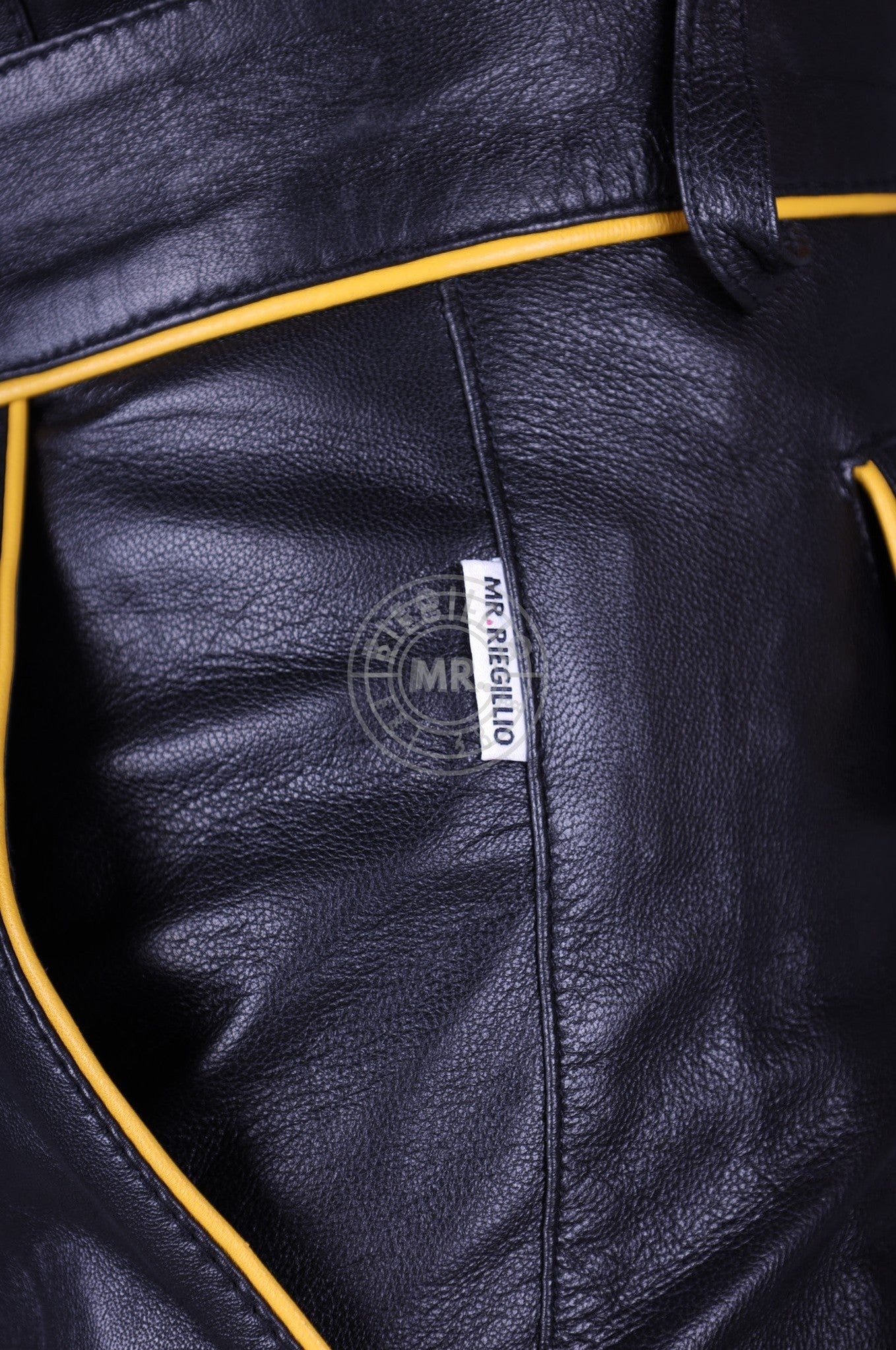 '23 Black Leather Cargo Short - Yellow Piping at MR. Riegillio