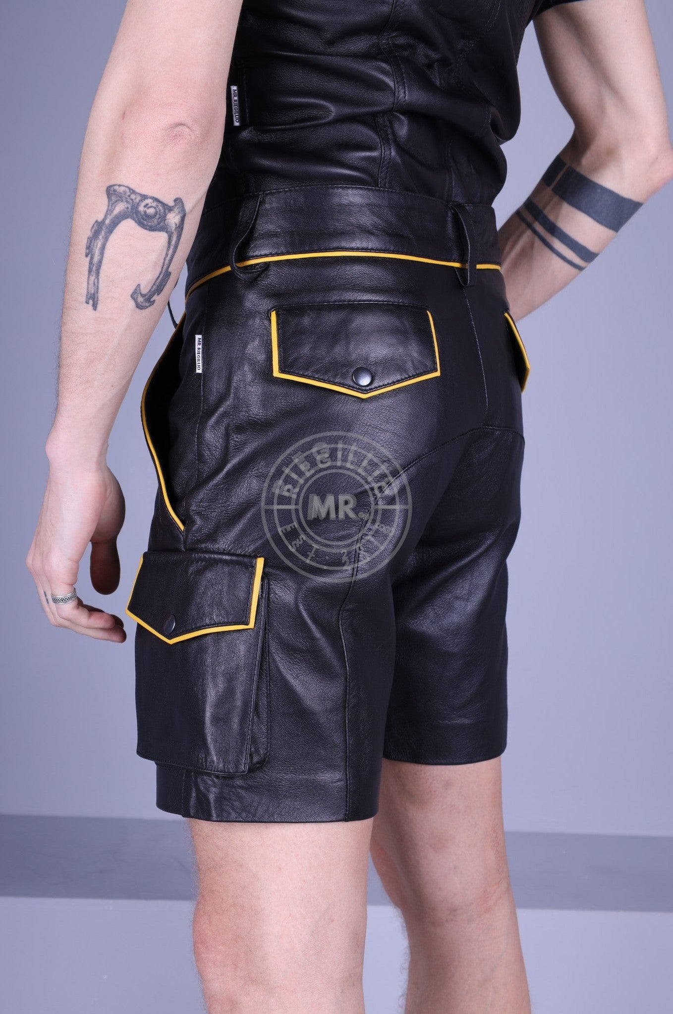 '23 Black Leather Cargo Short - Yellow Piping at MR. Riegillio