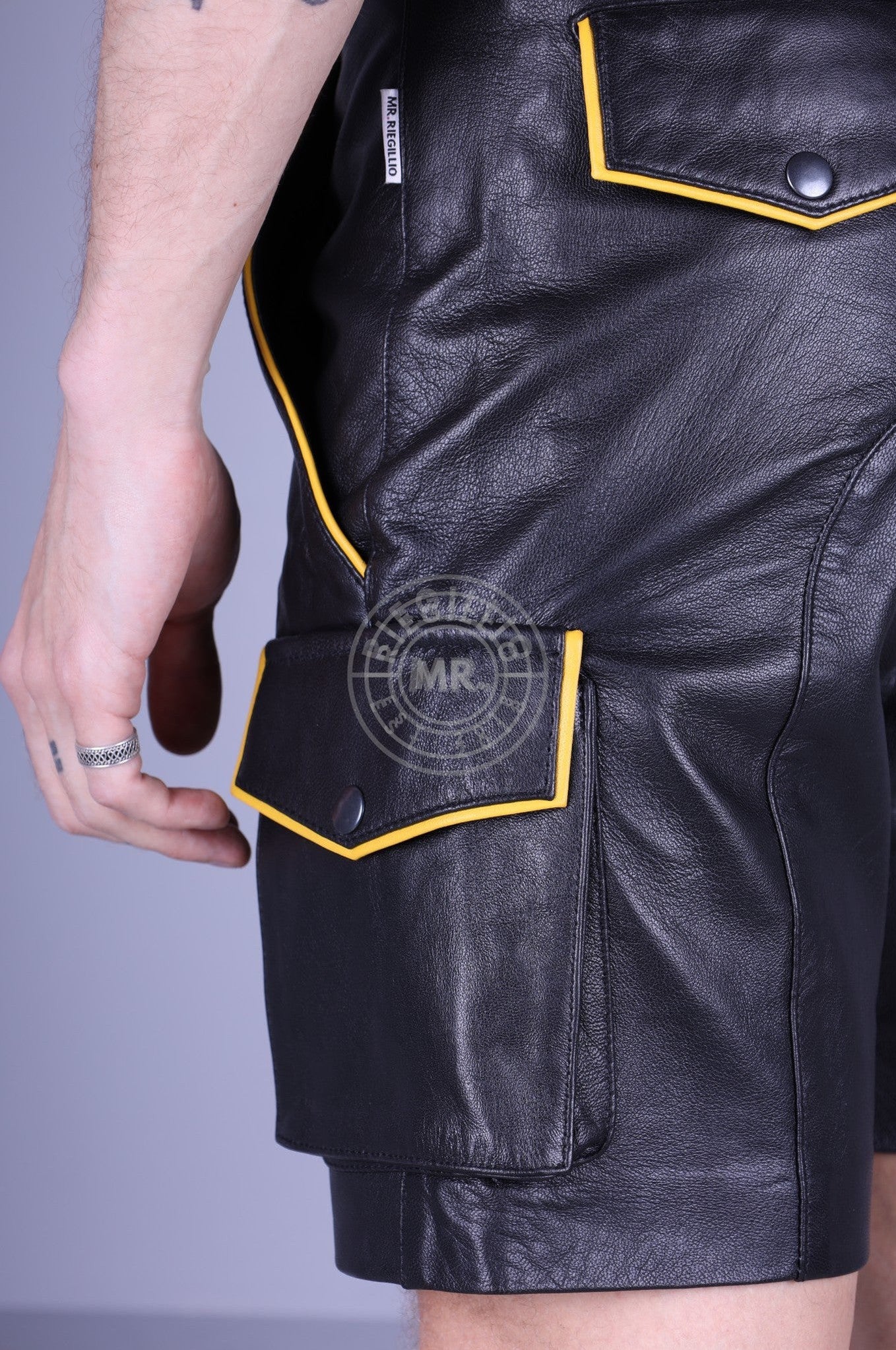 '23 Black Leather Cargo Short - Yellow Piping at MR. Riegillio