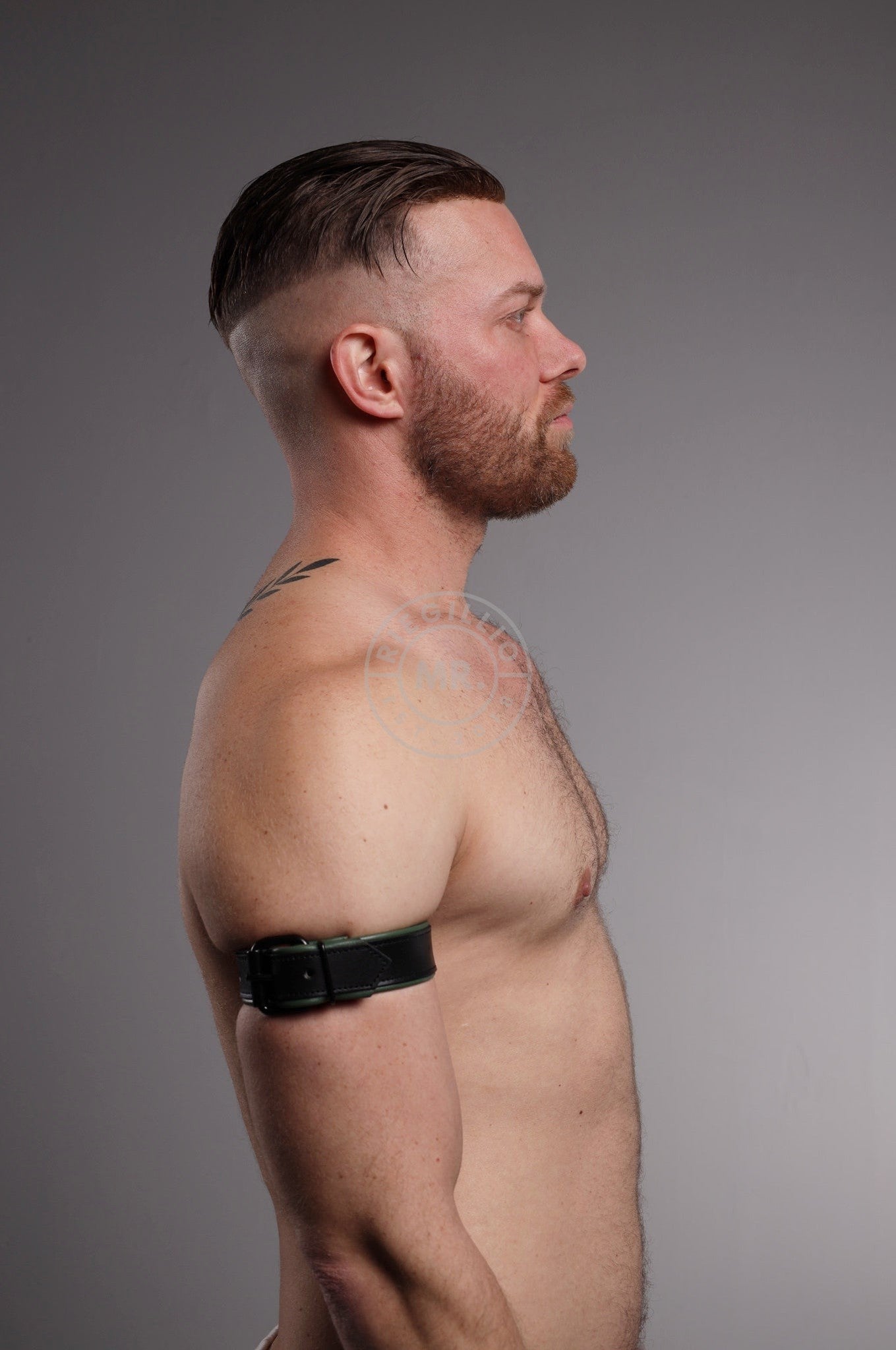 Black Leather Bicep Armband - Buckle - Army Green at MR. Riegillio