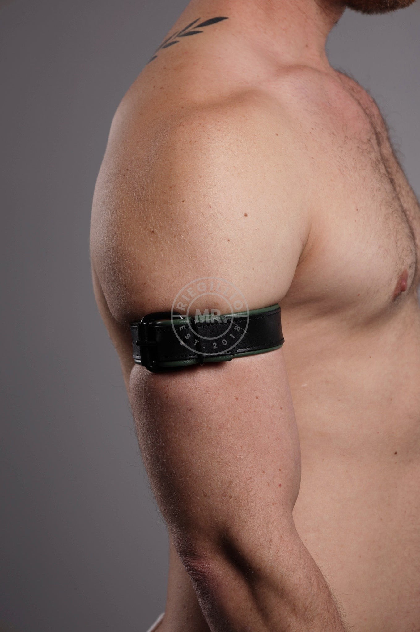 Black Leather Bicep Armband - Buckle - Army Green at MR. Riegillio