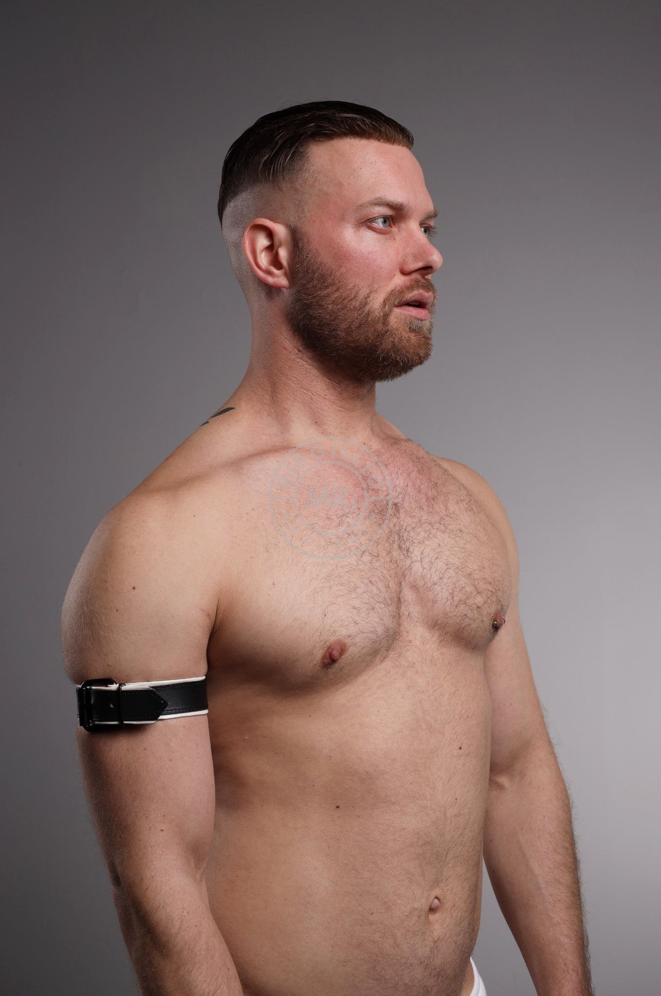 Black Leather Bicep Armband - Buckle - White at MR. Riegillio