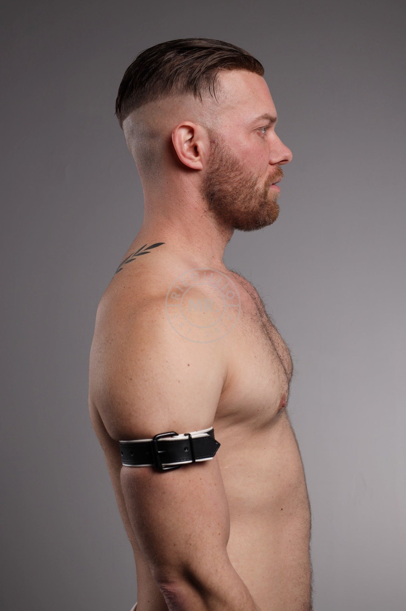 Black Leather Bicep Armband - Buckle - White at MR. Riegillio