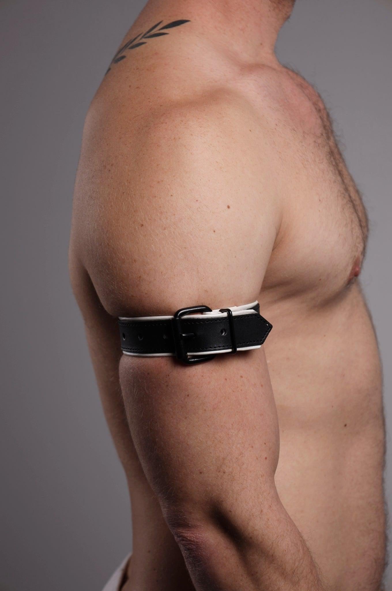 Black Leather Bicep Armband - Buckle - White at MR. Riegillio