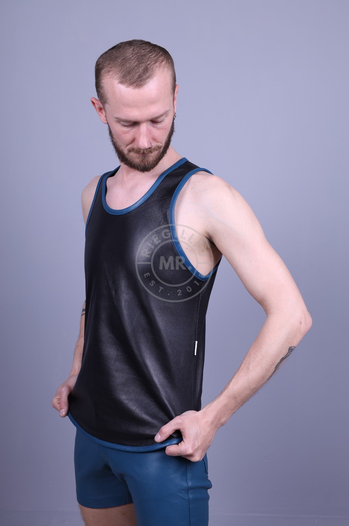 Leather Tank Top - Jeans Blue Piping at MR. Riegillio