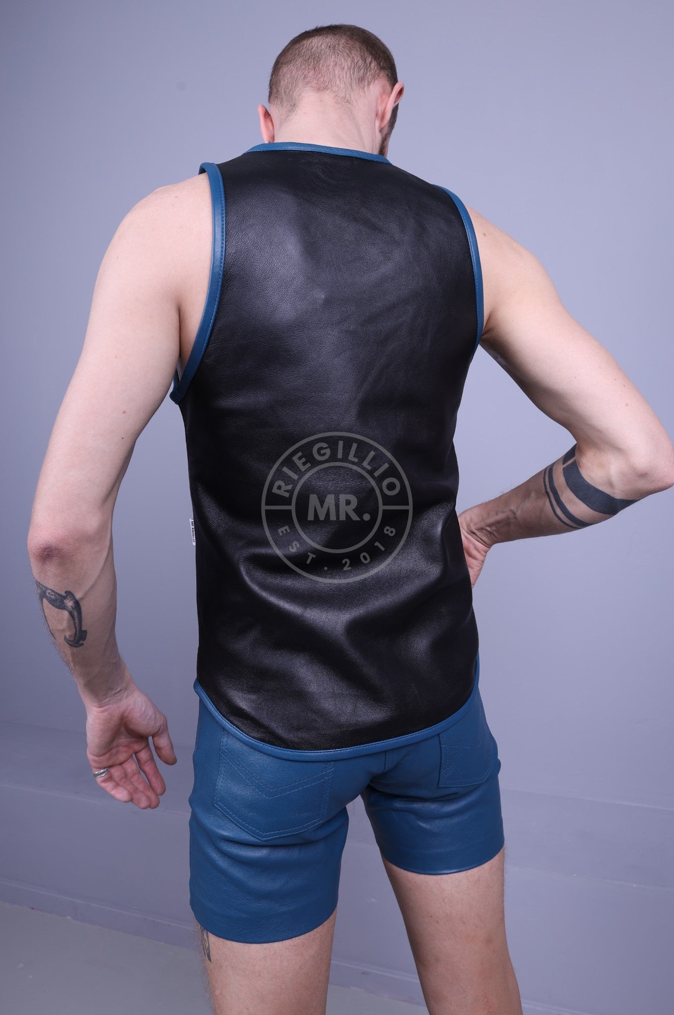 Leather Tank Top - Jeans Blue Piping at MR. Riegillio
