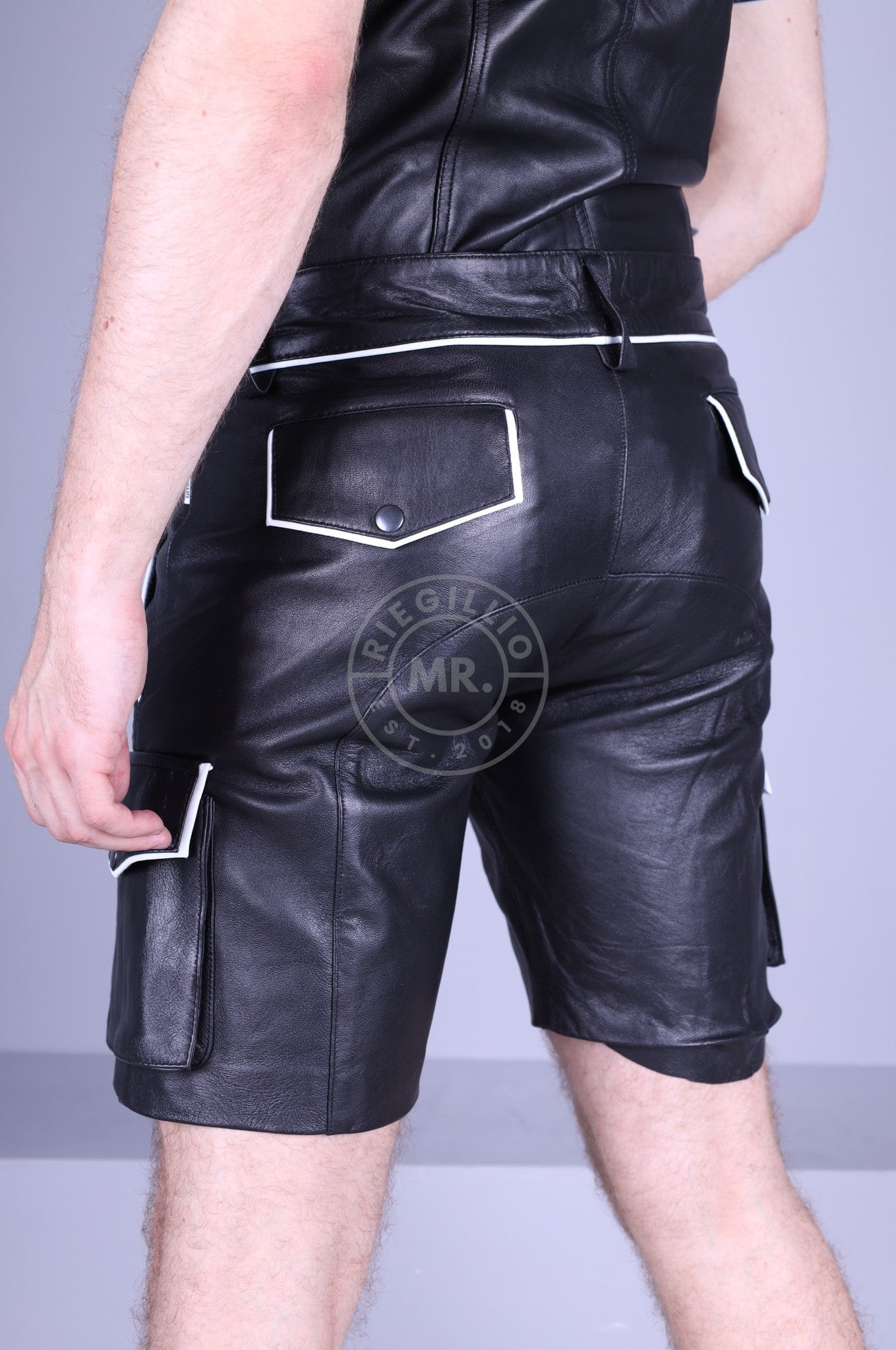 Black Leather Cargo Short - White Piping-at MR. Riegillio