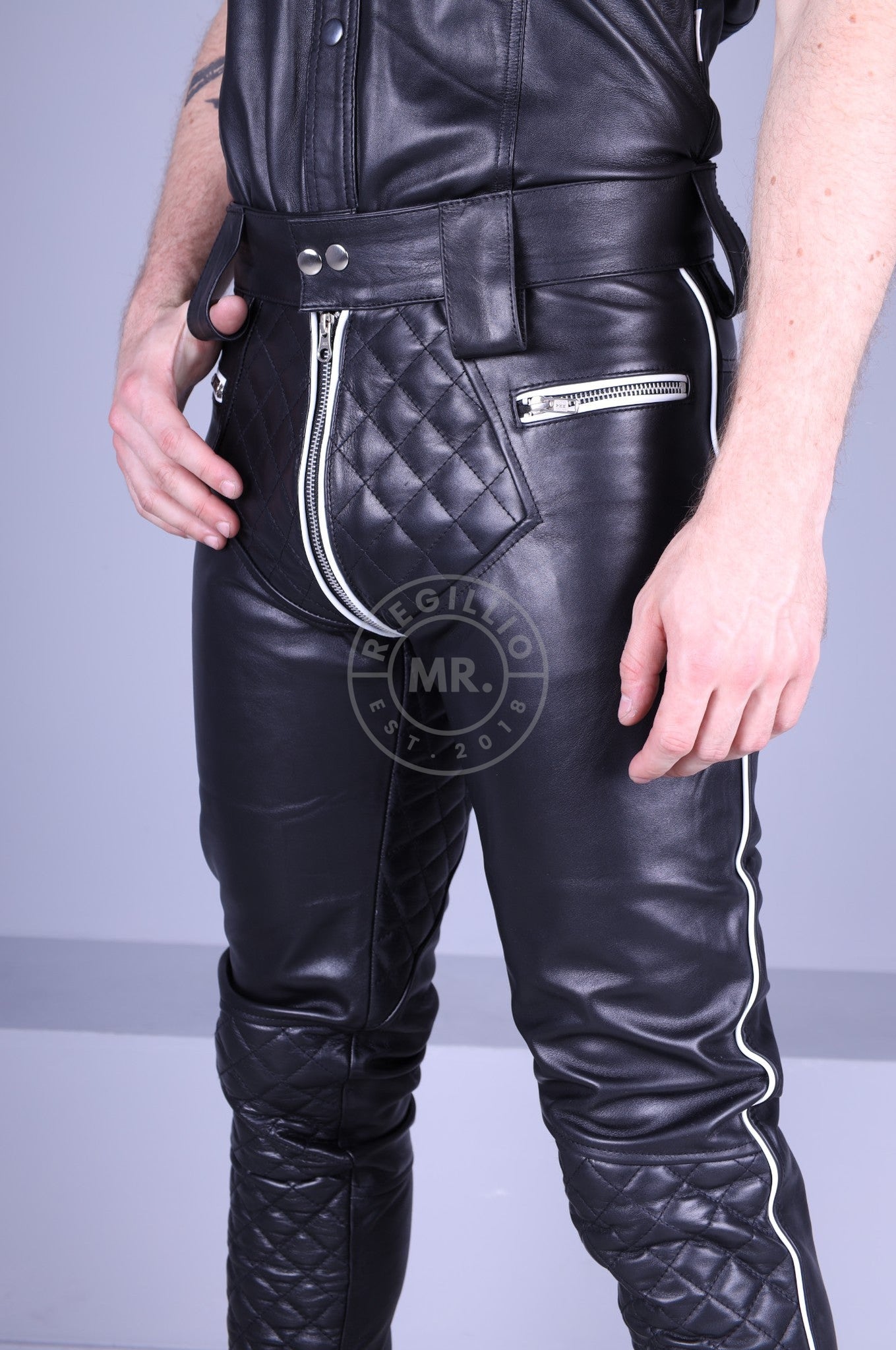 Padded Leather Pants - White Piping at MR. Riegillio