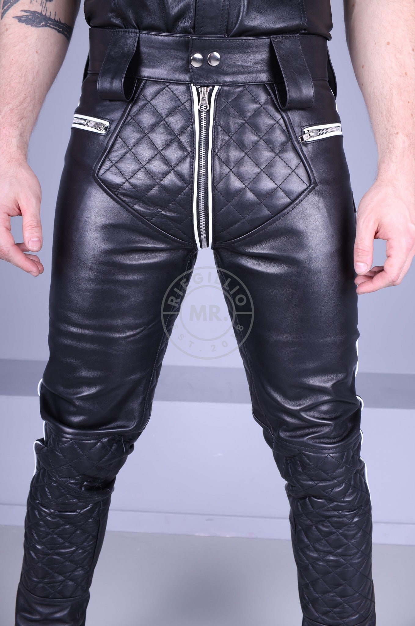 Padded Leather Pants - White Piping at MR. Riegillio