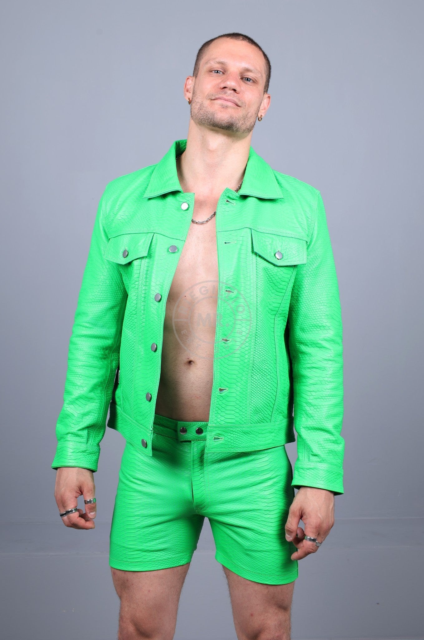 Leather Snake Trucker Jacket - Neon Green at MR. Riegillio