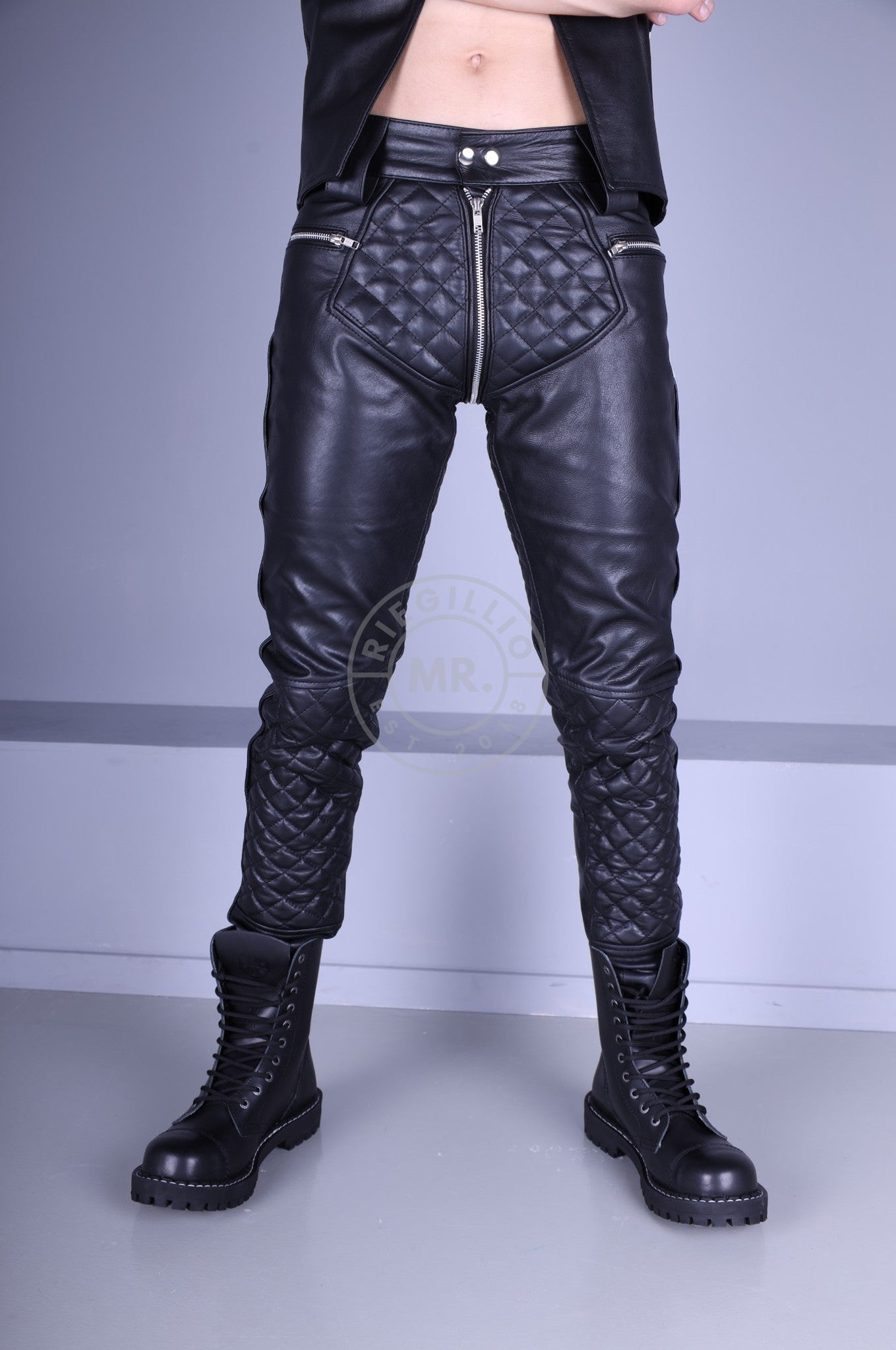 Padded Leather Pants - Black Piping at MR. Riegillio