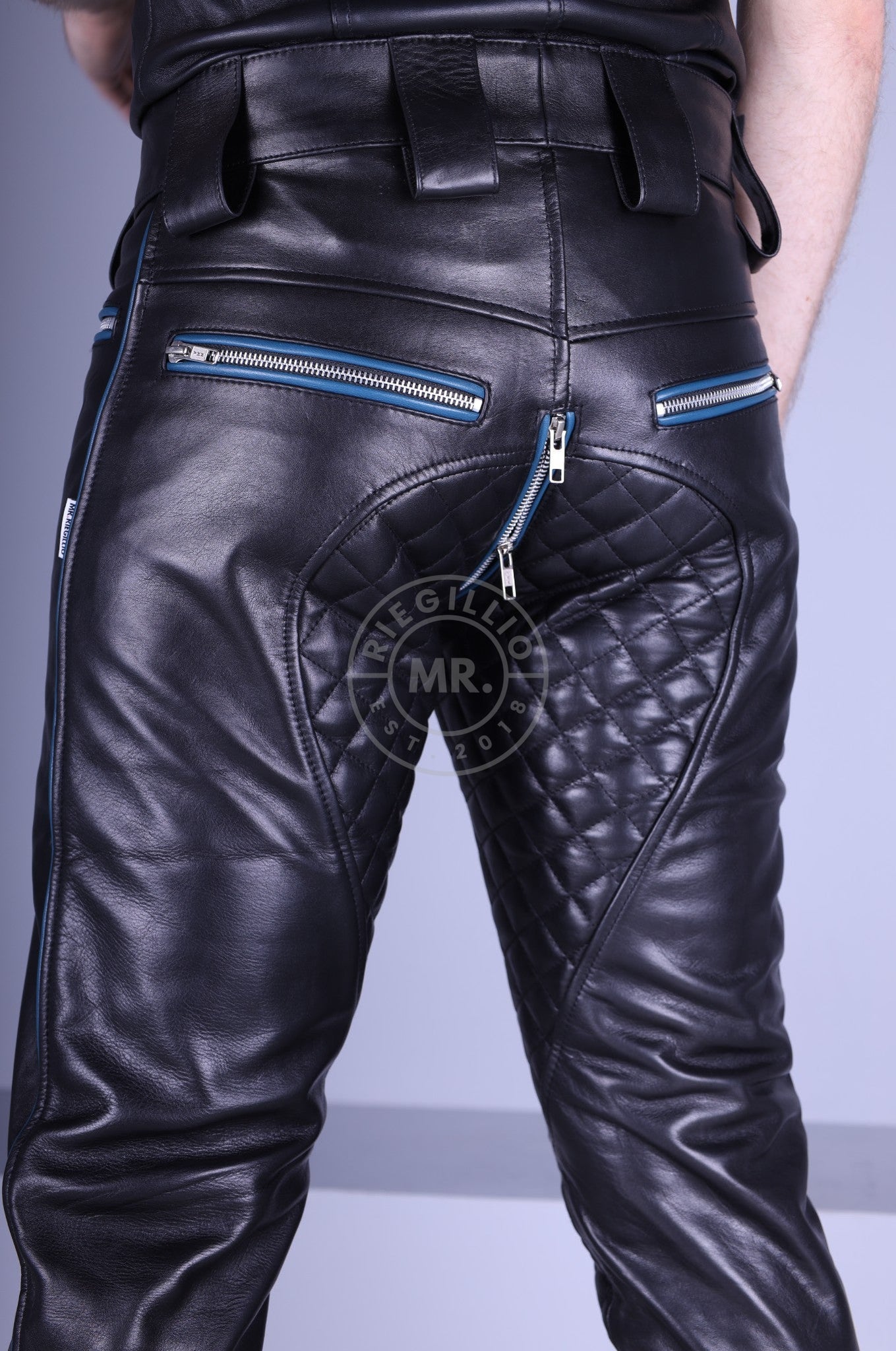 Padded Leather Pants - Jeans Blue Piping at MR. Riegillio