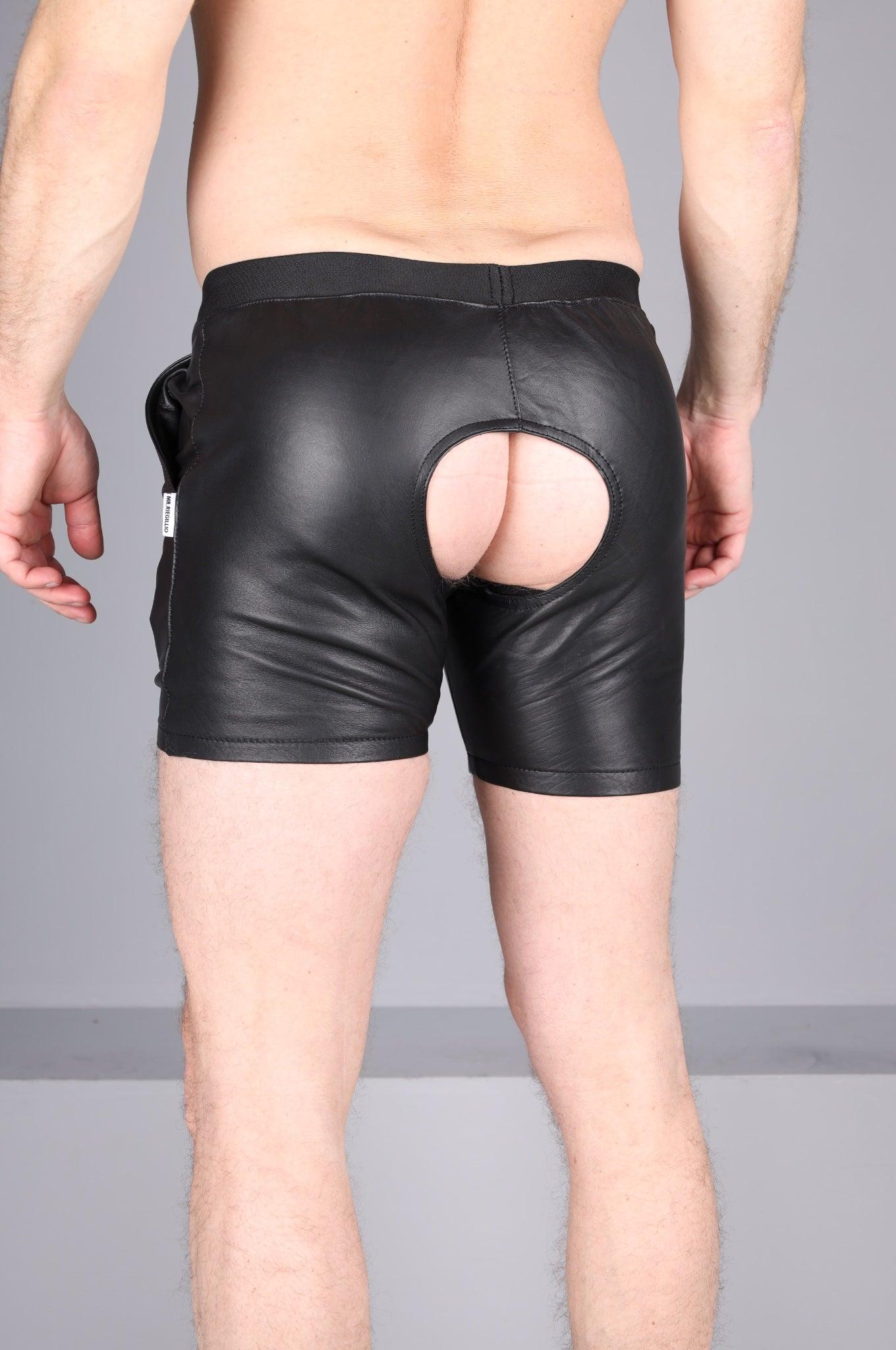 Berlin Black Leather Boxershort - Open Back at MR. Riegillio