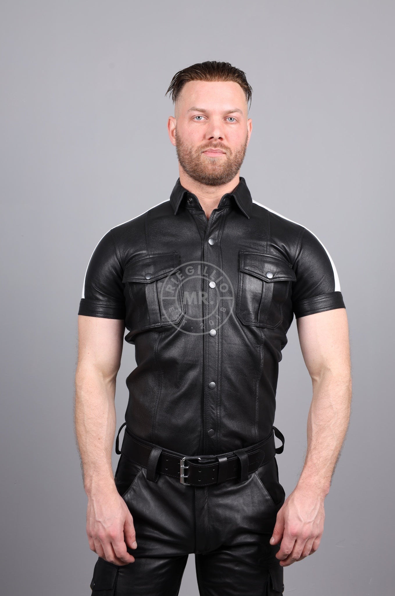 Black Leather Shirt - White Taping at MR. Riegillio