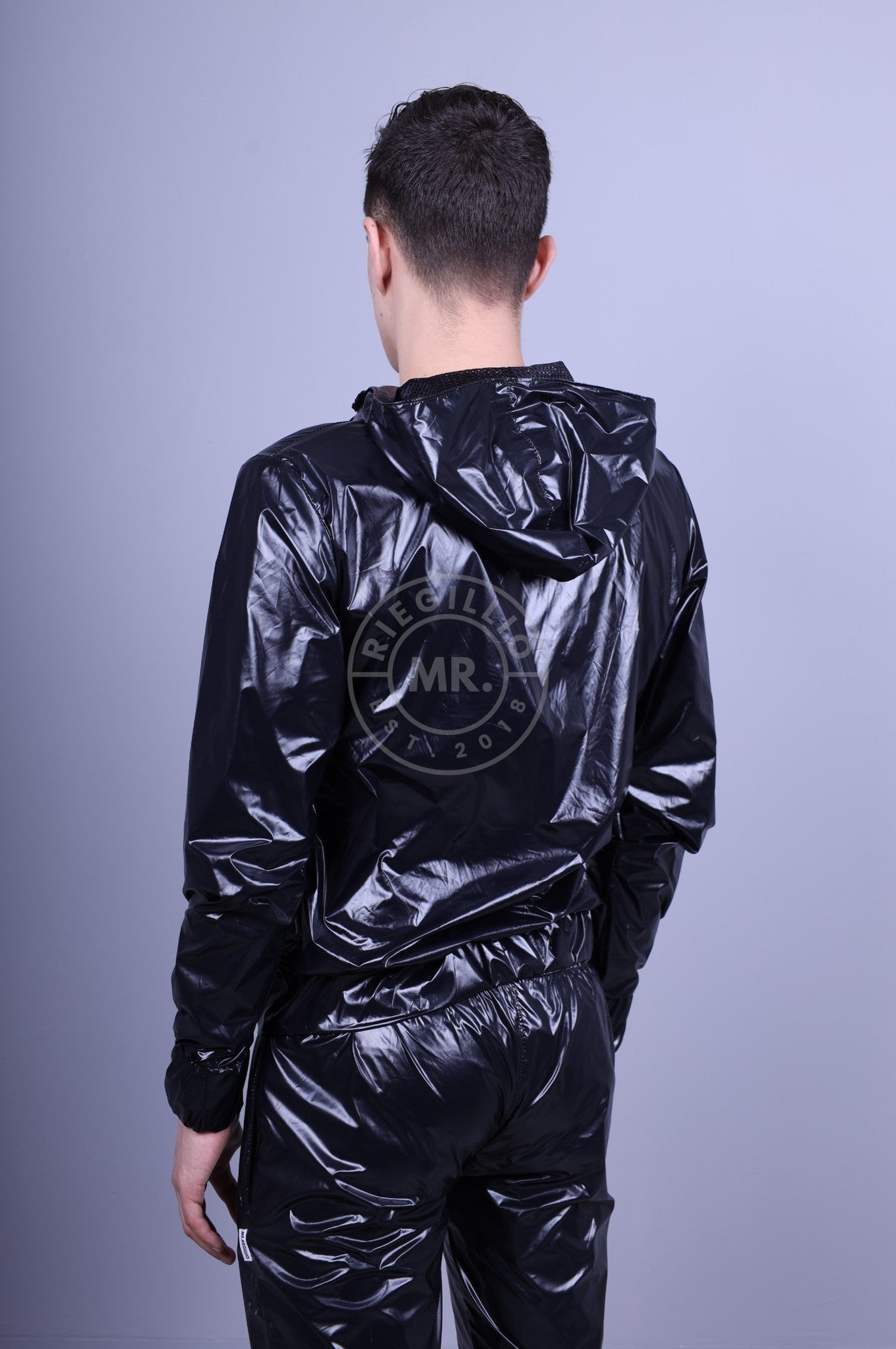 Full Black Shiny Nylon Tracksuit Jacket at MR. Riegillio