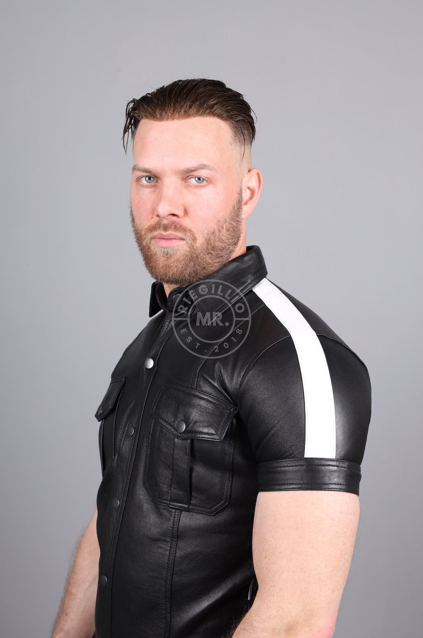 Black Leather Shirt - White Taping at MR. Riegillio