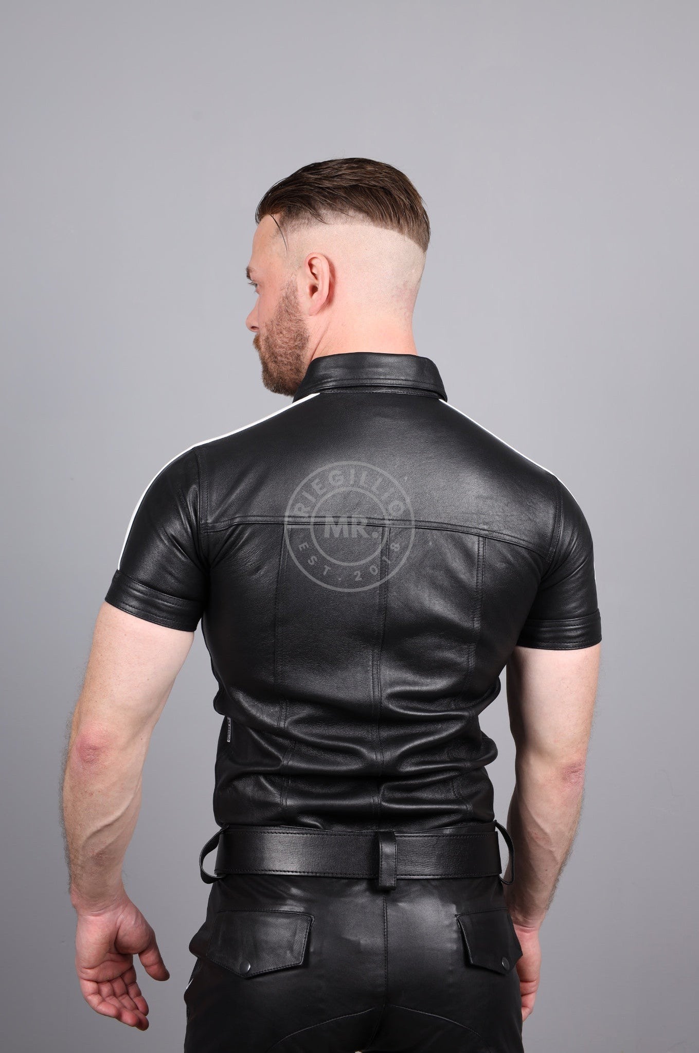 Black Leather Shirt - White Taping at MR. Riegillio