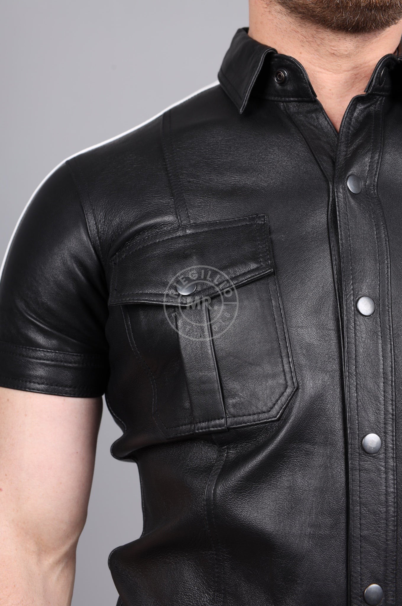 Black Leather Shirt - White Taping at MR. Riegillio