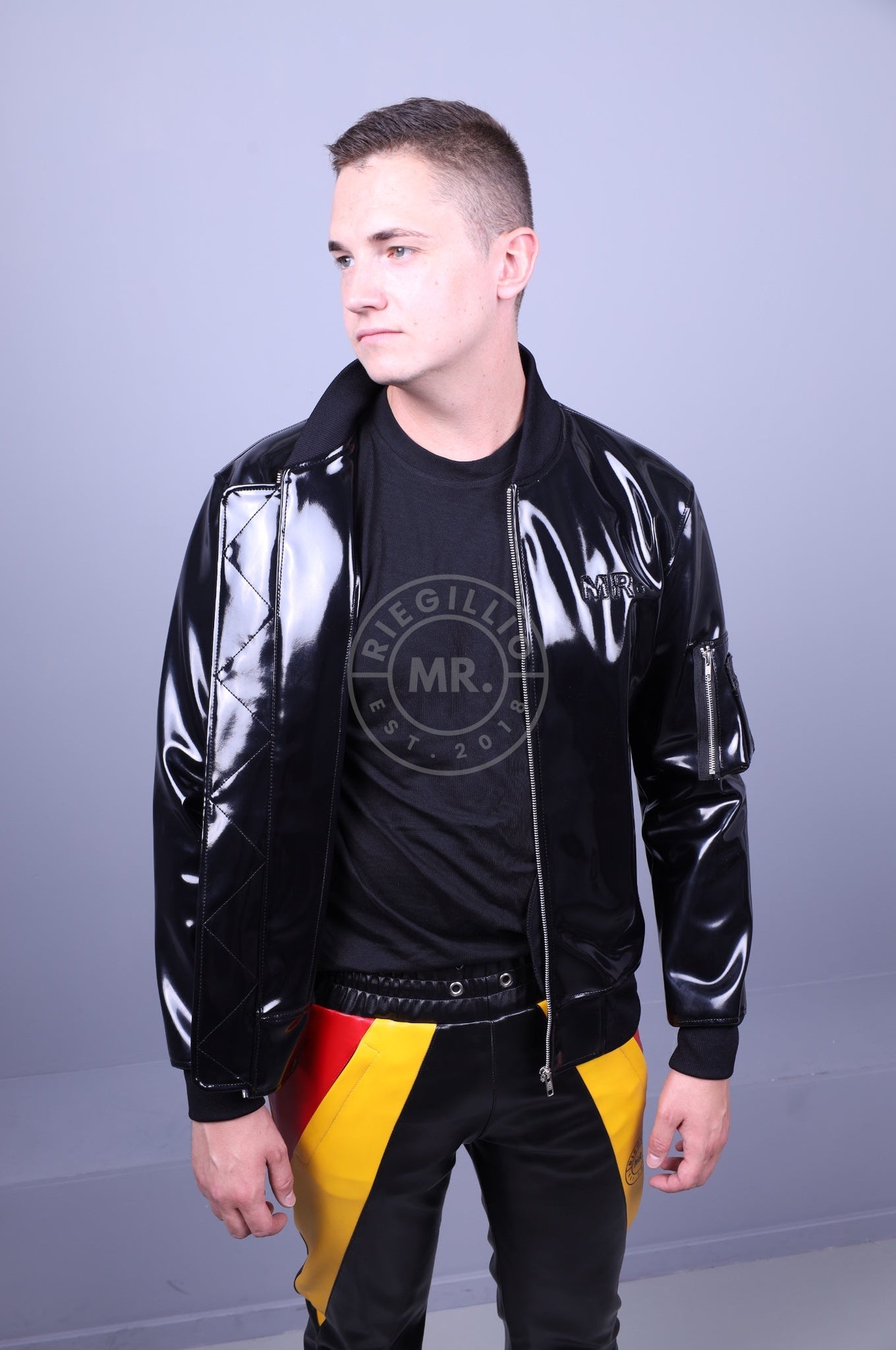 Black shiny shop bomber jacket