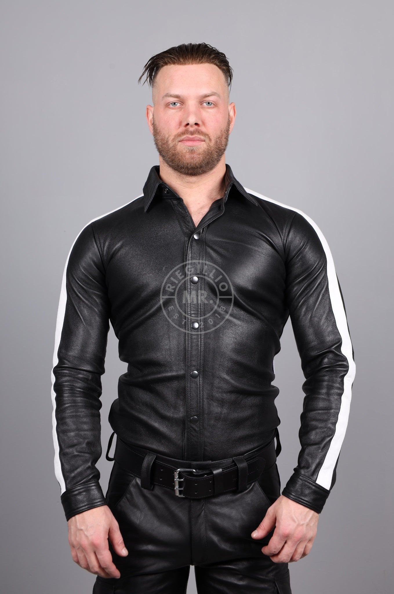 Black Leather Shirt Long Sleeves - White Taping at MR. Riegillio