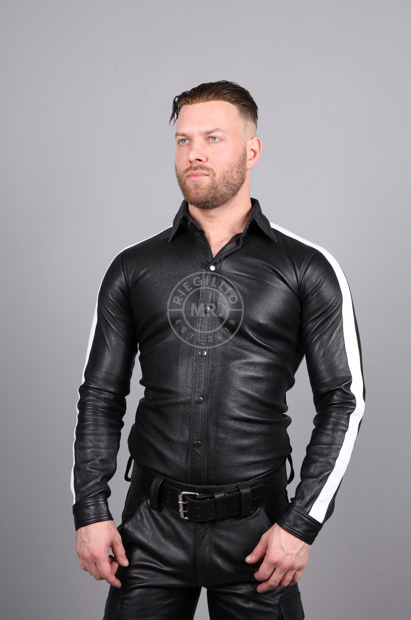 Black Leather Shirt Long Sleeves - White Taping at MR. Riegillio