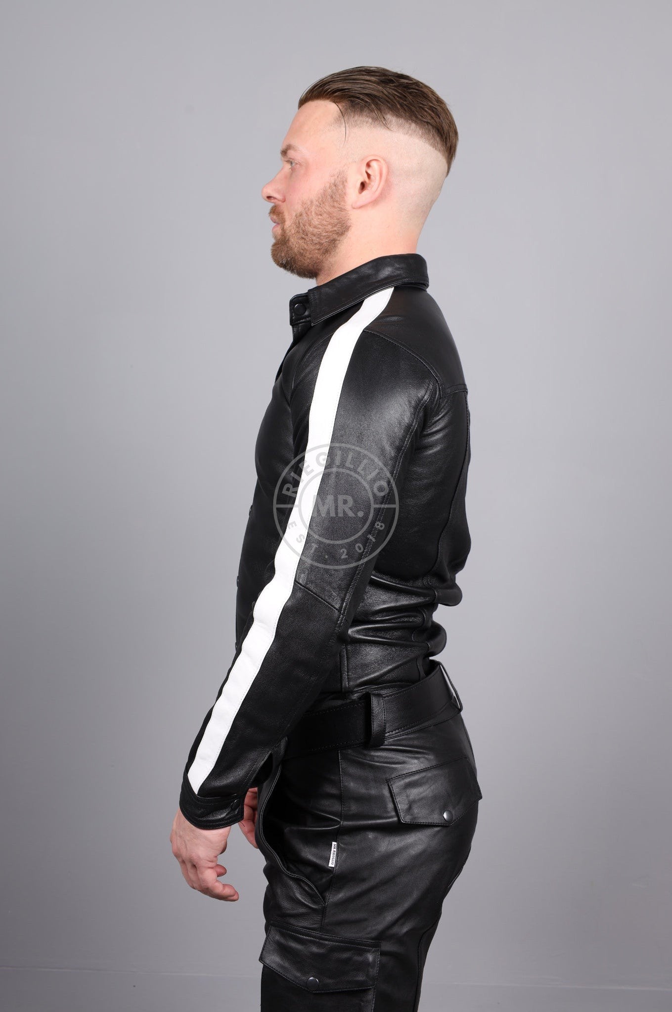 Black Leather Shirt Long Sleeves - White Taping at MR. Riegillio