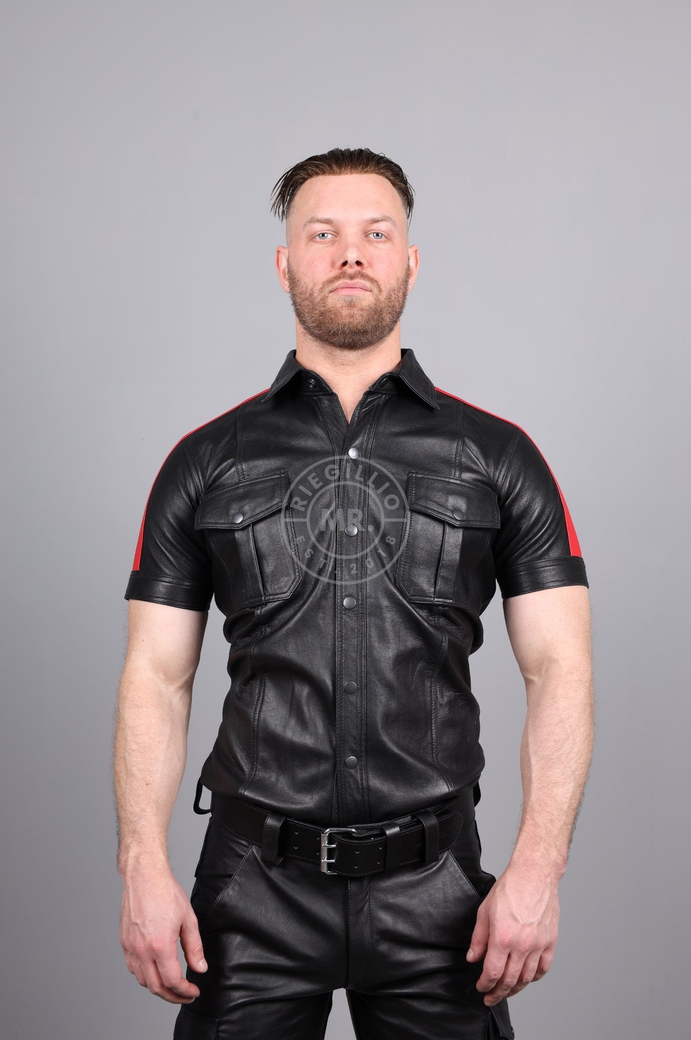 Black Leather Shirt - Red Taping at MR. Riegillio