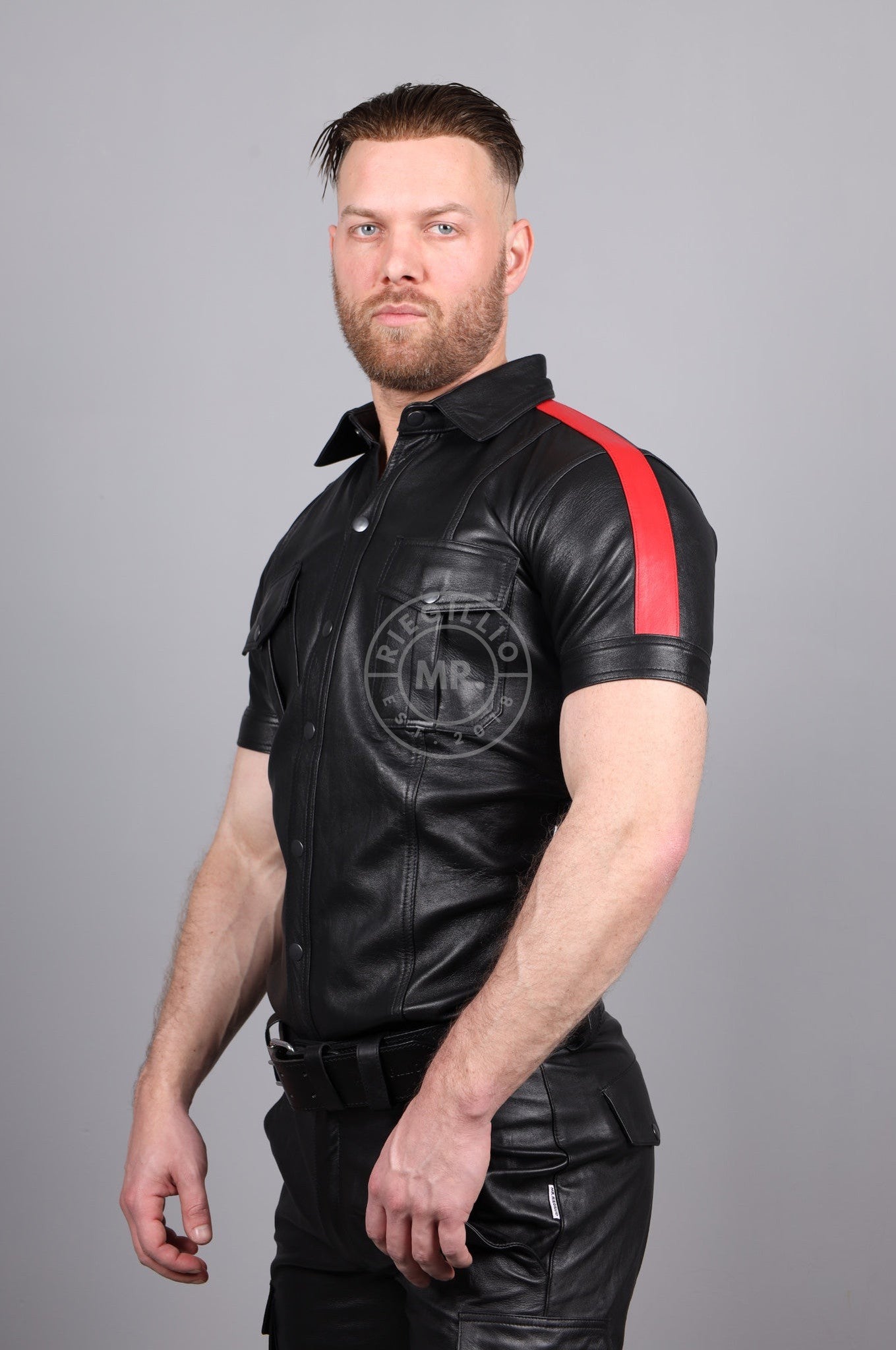 Black Leather Shirt - Red Taping at MR. Riegillio