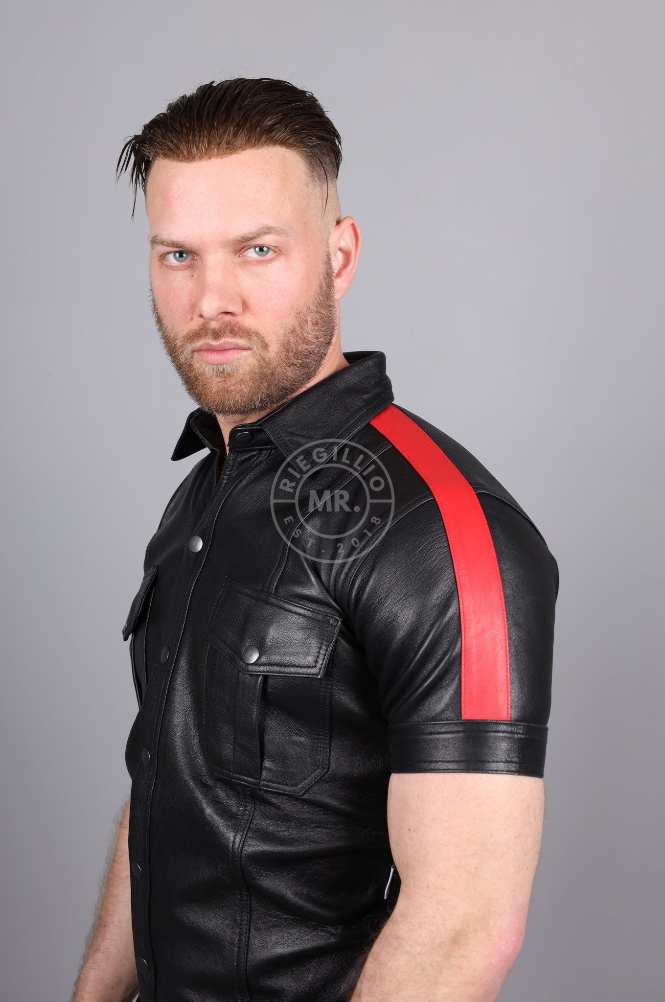 Black Leather Shirt - Red Taping at MR. Riegillio