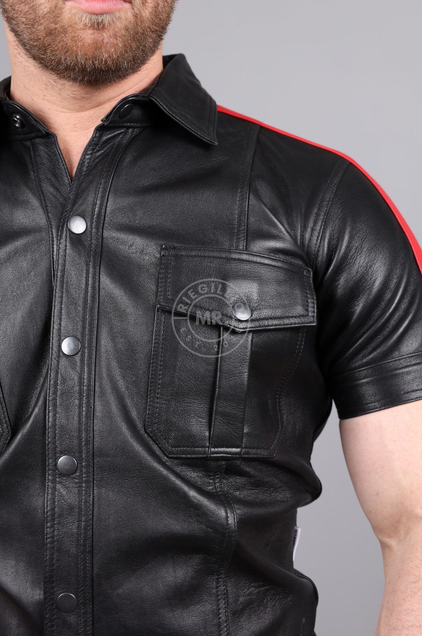 Black Leather Shirt - Red Taping at MR. Riegillio