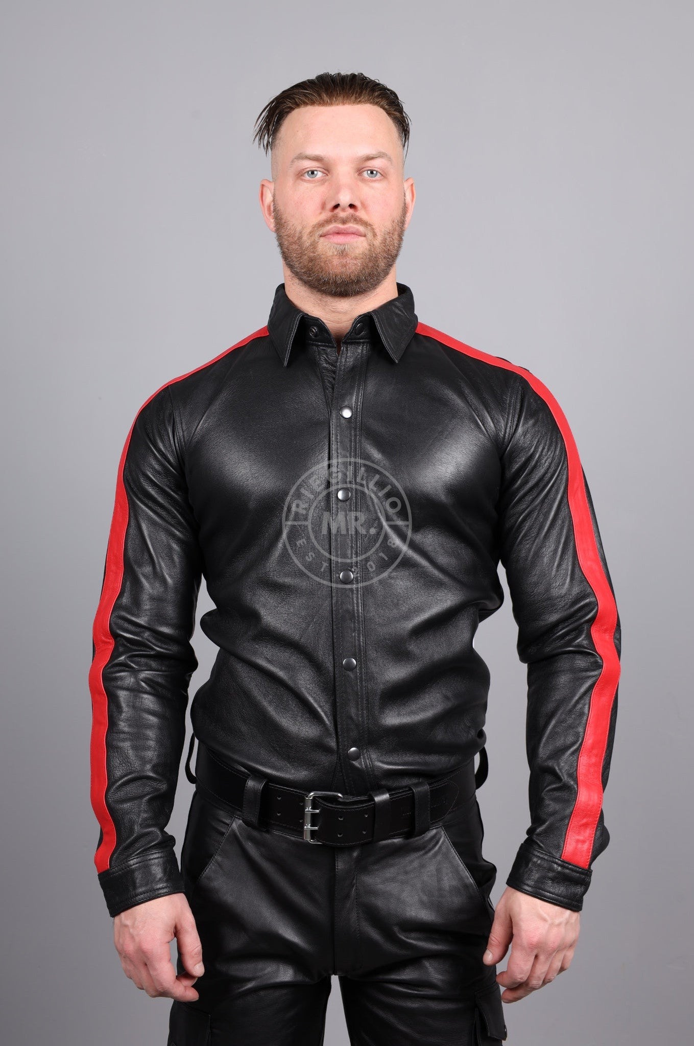 Black Leather Shirt Long Sleeves - Red Taping at MR. Riegillio