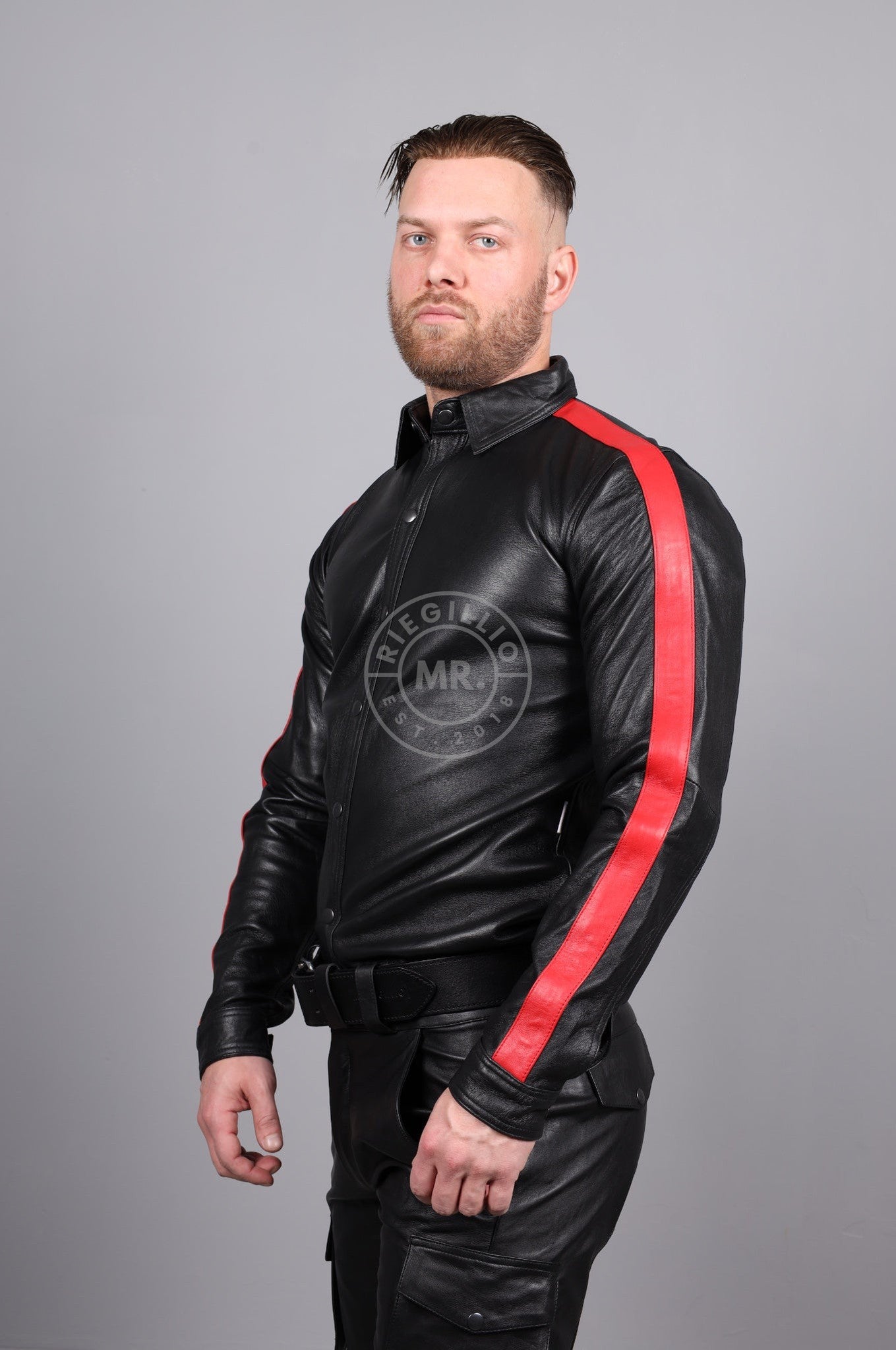 Black Leather Shirt Long Sleeves - Red Taping at MR. Riegillio