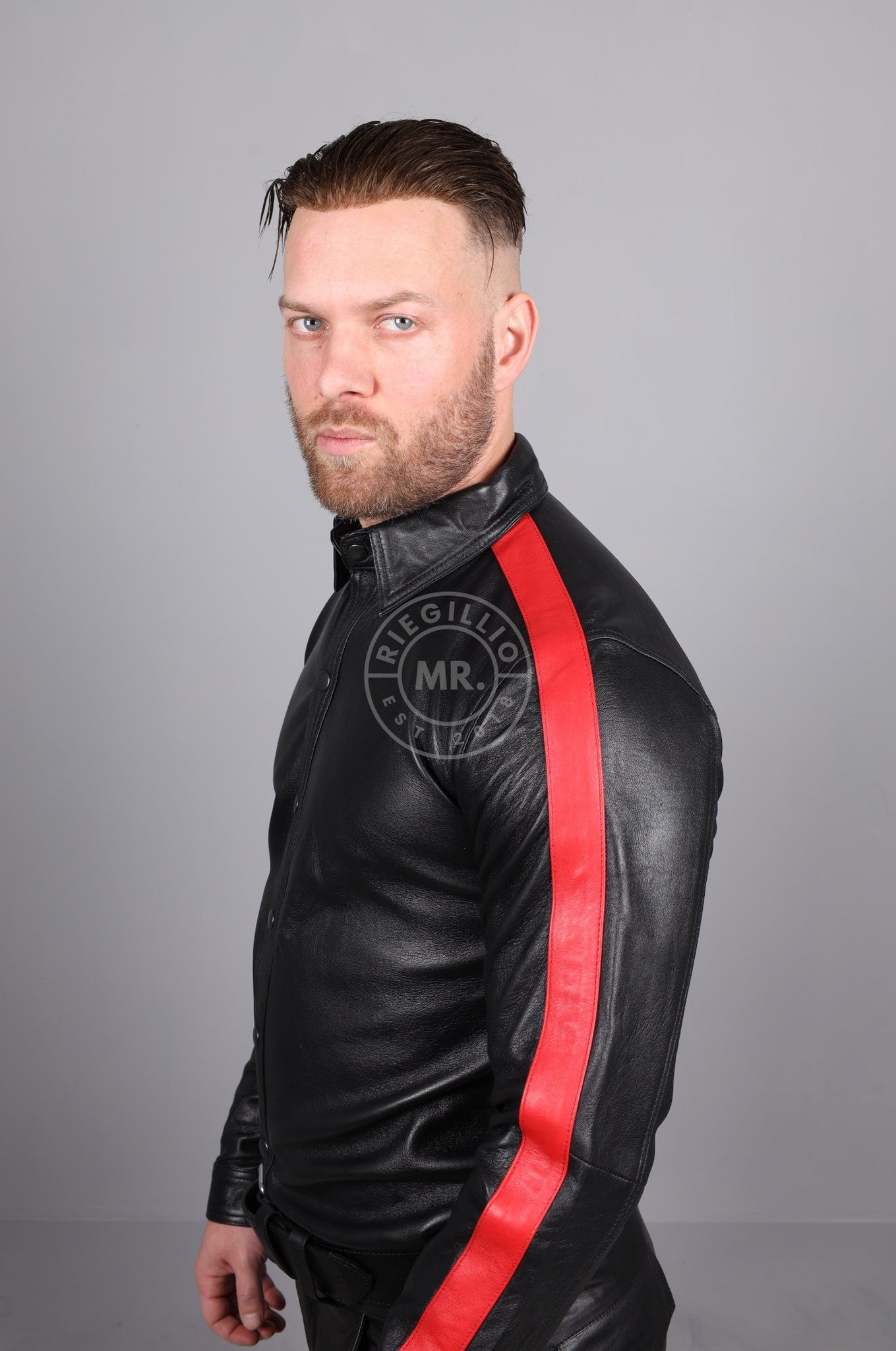 Black Leather Shirt Long Sleeves - Red Taping at MR. Riegillio