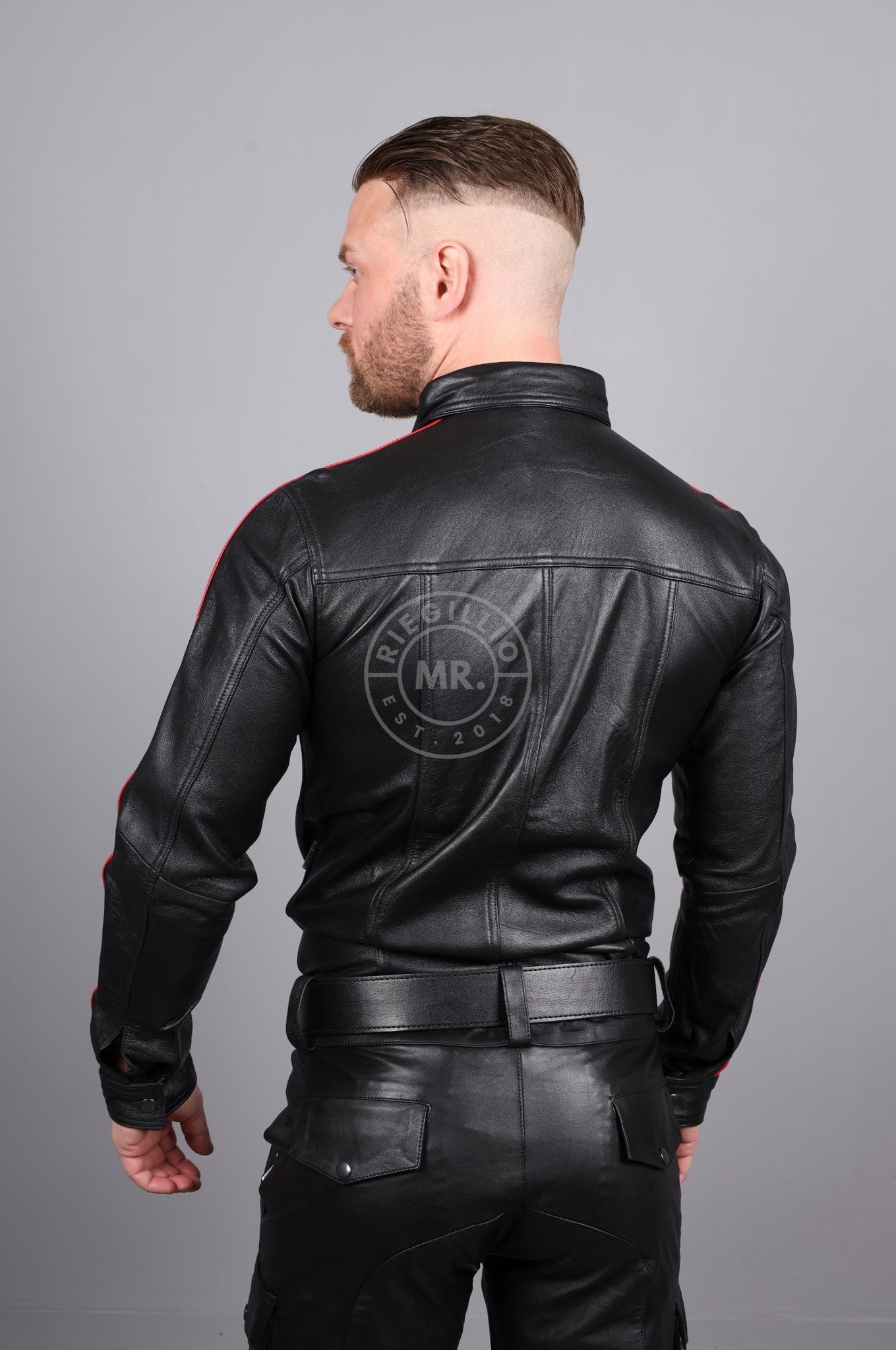 Black Leather Shirt Long Sleeves - Red Taping at MR. Riegillio