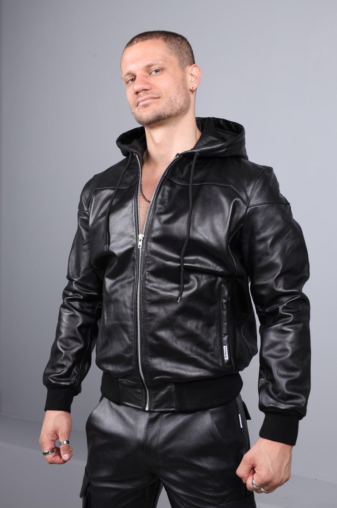 Full Black Leather Zip Up Hoodie at MR. Riegillio