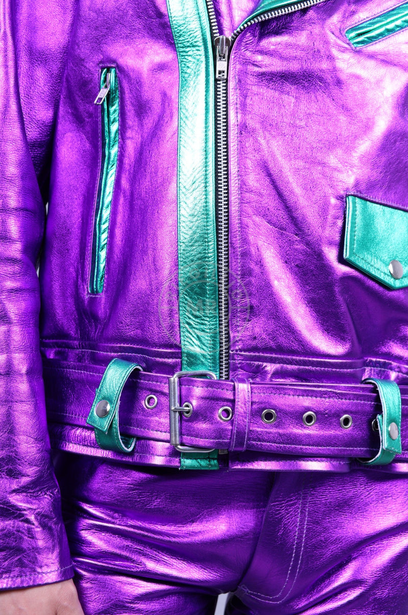 Purple Metallic Leather Biker Jacket at MR. Riegillio