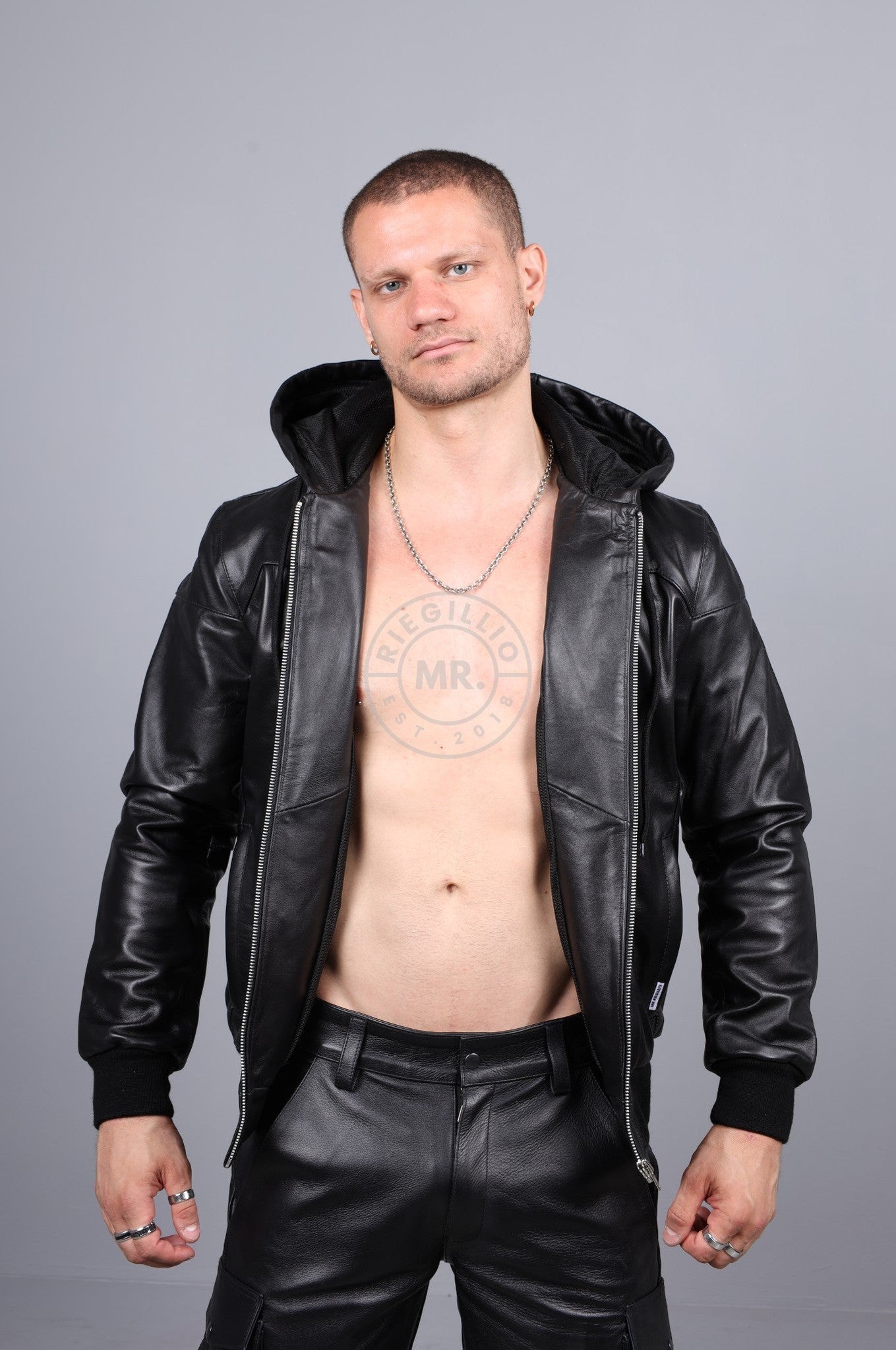 Full Black Leather Zip Up Hoodie at MR. Riegillio