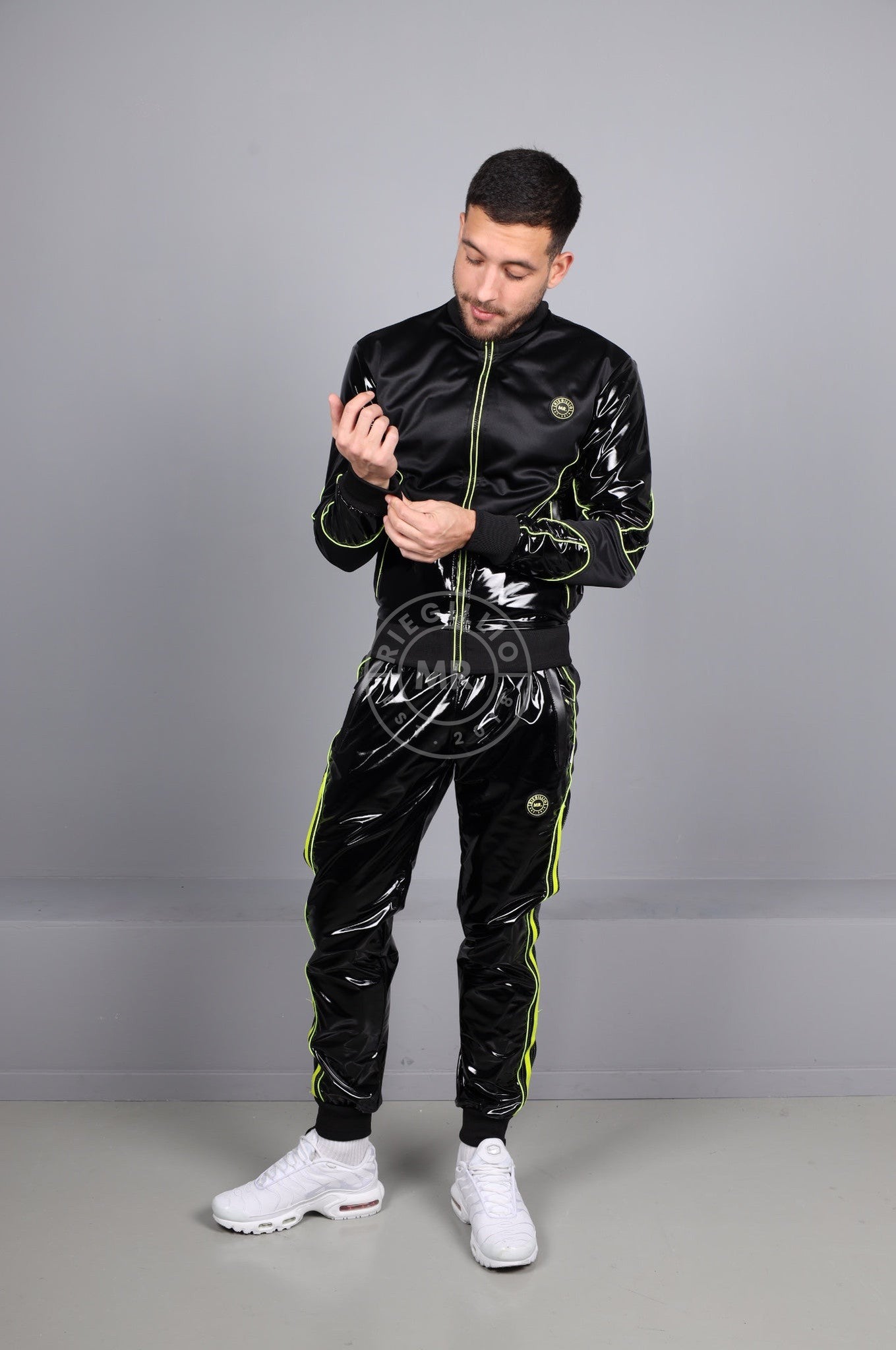 PVC 24 Tracksuit Pants - Black with Neon Piping at MR. Riegillio