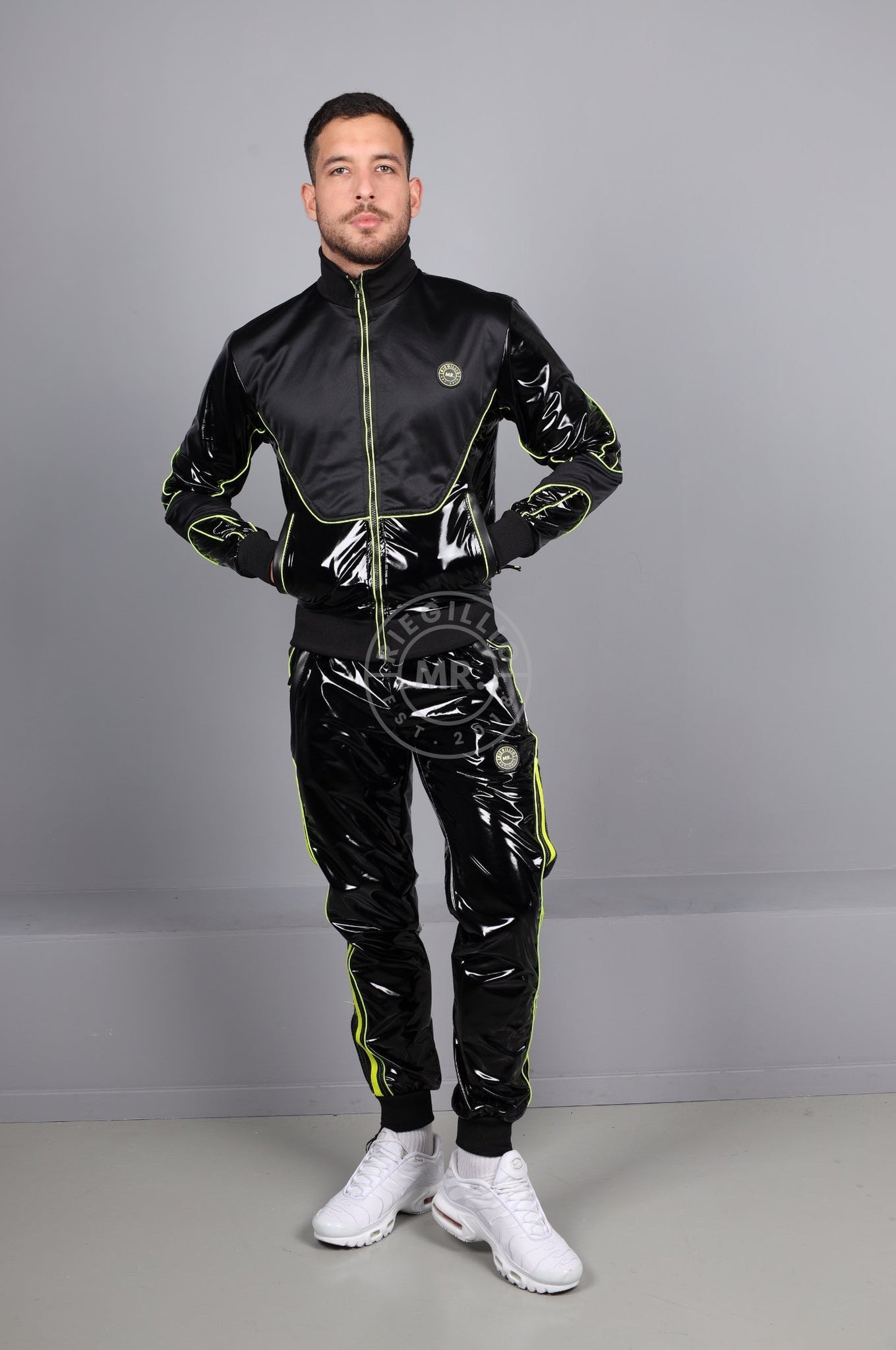 PVC 24 Tracksuit Jacket - Black with Neon Piping at MR. Riegillio