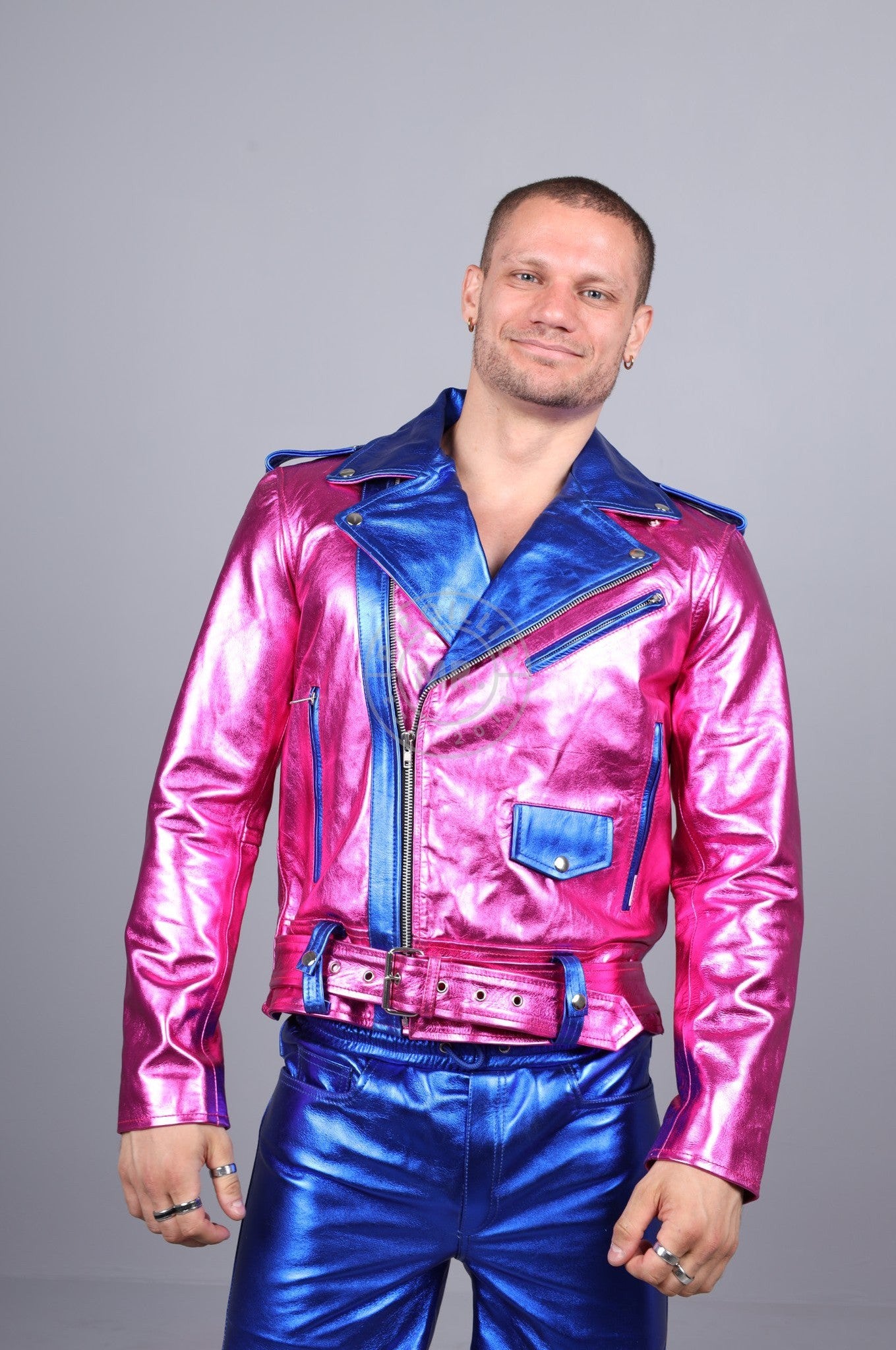 Metallic Leather Biker Jacket - Pink/Blue at MR. Riegillio