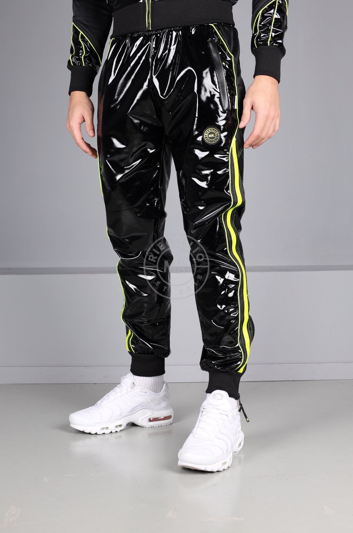 PVC 24 Tracksuit Pants Black with Neon Piping by MR. Riegillio