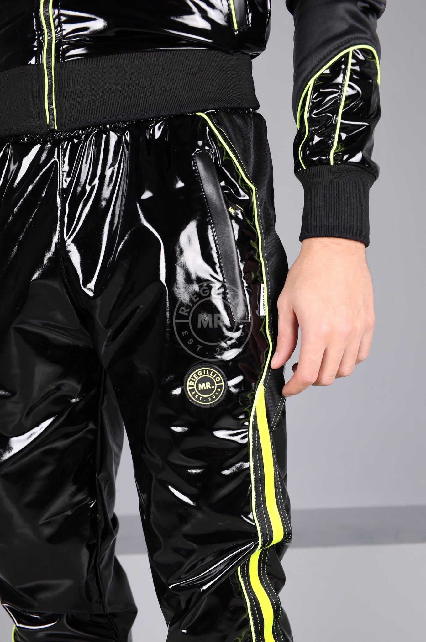 PVC 24 Tracksuit Pants - Black with Neon Piping at MR. Riegillio