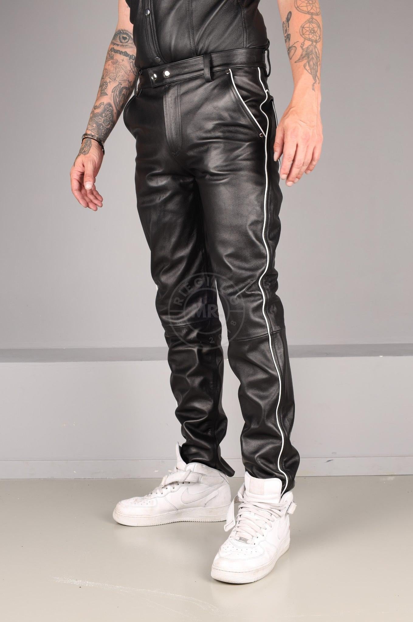 Black Leather 5 Pocket Pants - White Piping at MR. Riegillio