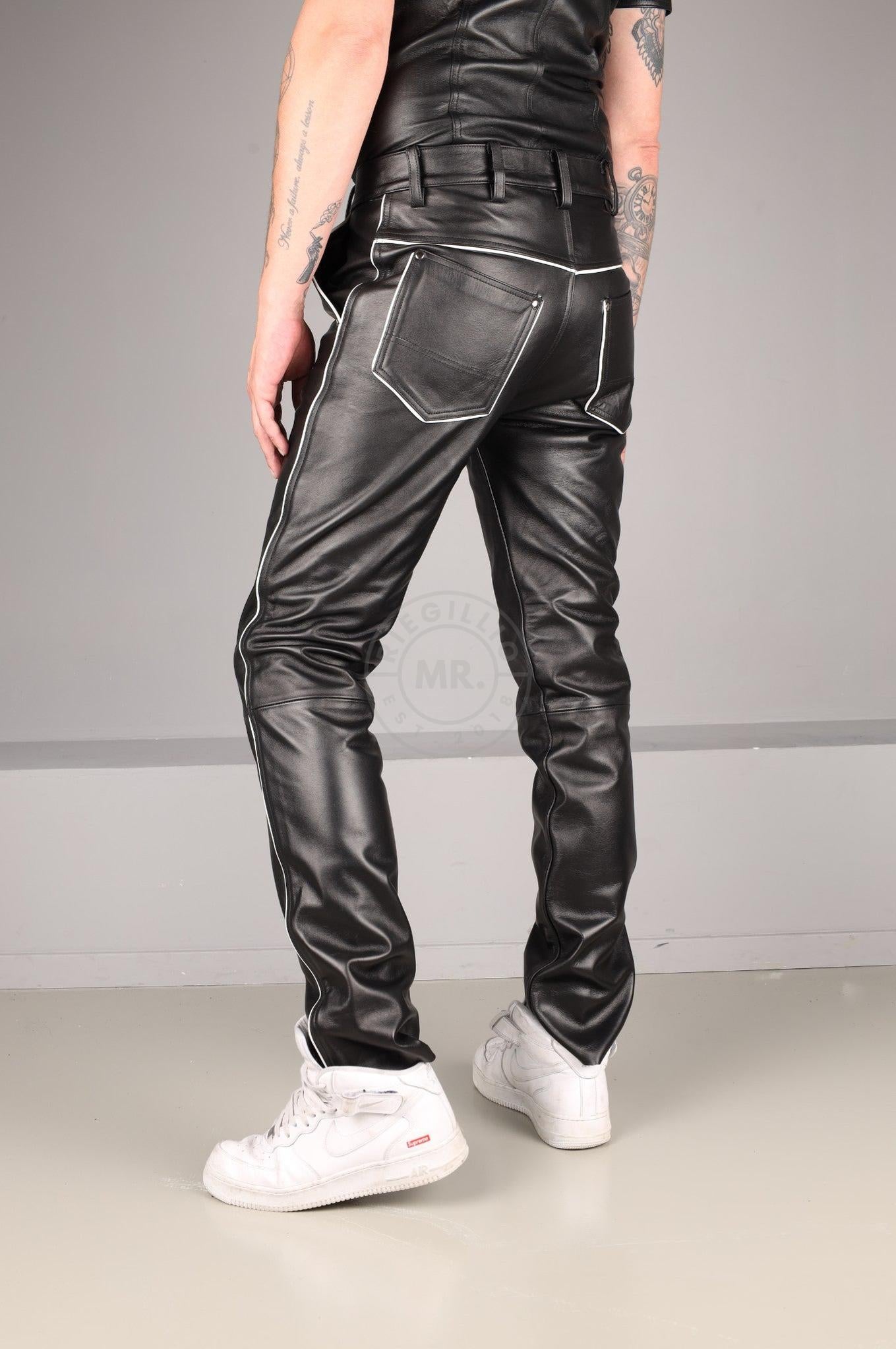 Black Leather 5 Pocket Pants - White Piping at MR. Riegillio